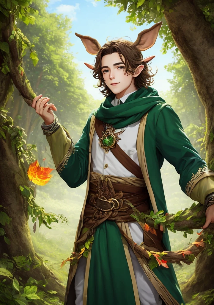 Jeune elfe sylvestre avec des cheveux verts feuilles, vêtue de tenues légères et équipée d'un arc en bois enchanté