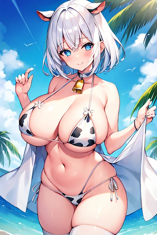 1girl, white hair, huge breasts, wide hips, blue eyes, very short hair, white hair, short hair, bikini, micro-bikini, v-string, cow print, white bikini, bell, smile, cow ears, heart-shaped pupils