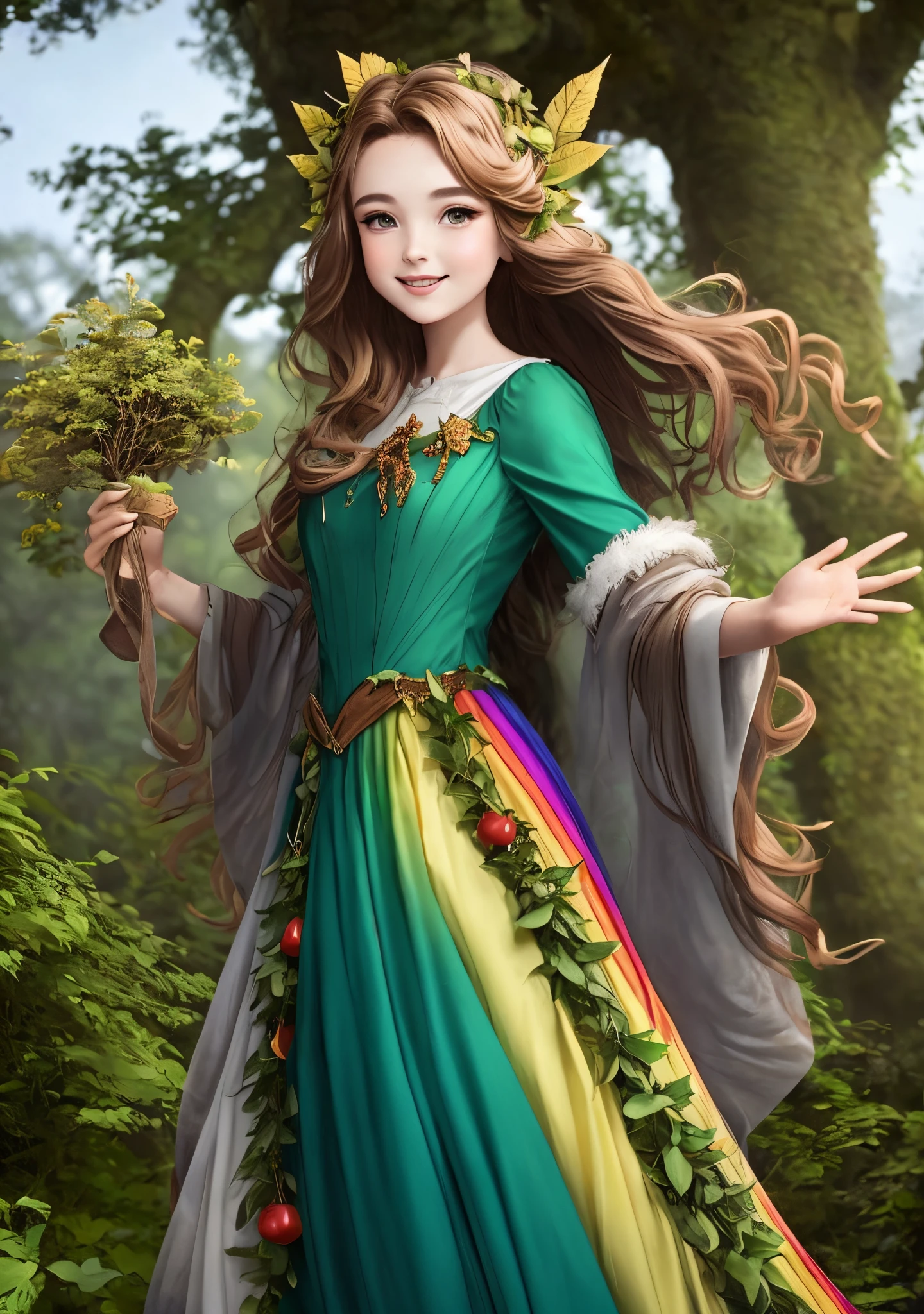 Jeune elfe sylvestre avec des cheveux verts feuilles, vêtue de tenues légères et équipée d'un arc en bois enchanté