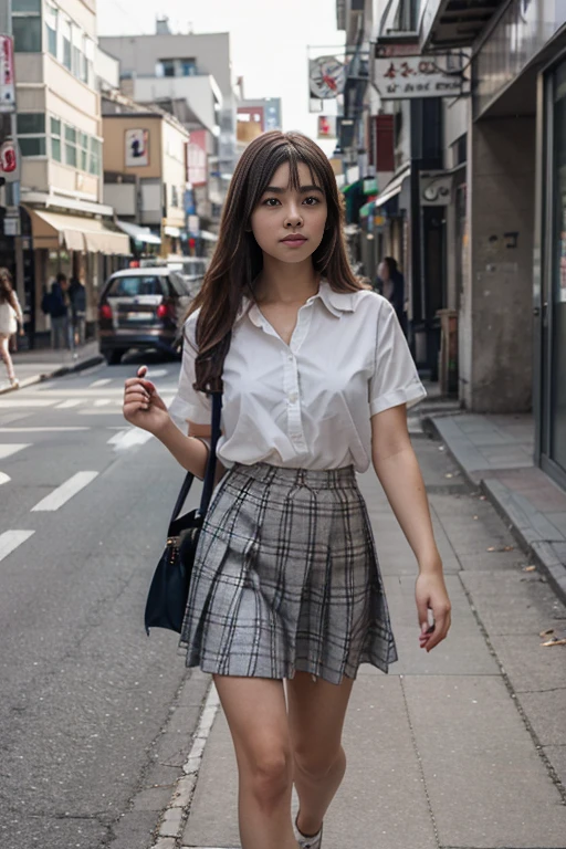 (Best Quality,masuter piece)perfect detailed,A detailed face,Right eyes,correct body,Cute anime girl,Perfect and beautiful face,(Realistic,Photorealistic,Live action),1girl in,Solo,150cm,,Looking away,sidelong glance,Bustling street,shopping street,japanese city,hi-school girl,Wearing Japanese high school clothes,White blouses,Plaid gray skirt,lowfers,Walking,carry a bag over someone'Shoulder,Faraway view,Full body,other pedestrians behind,depth of fields