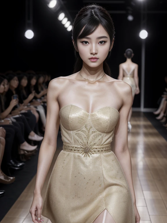 (8k, highest quality, ultra detailed:1.37), (Hana), 18yo, (a South Korean fashion model), struts confidently on the runway during a prestigious fashion week event. Dressed in a stunning designer ensemble, Hana's elegance and poise captivate the audience. The high-resolution image captures ultra-detailed realism, highlighting Hana's captivating eyes, flawless complexion, and fashionable hairstyle. The glamorous runway and stylish set design add to the visual appeal, creating a visually stunning representation of Hana's success in the fashion industry.