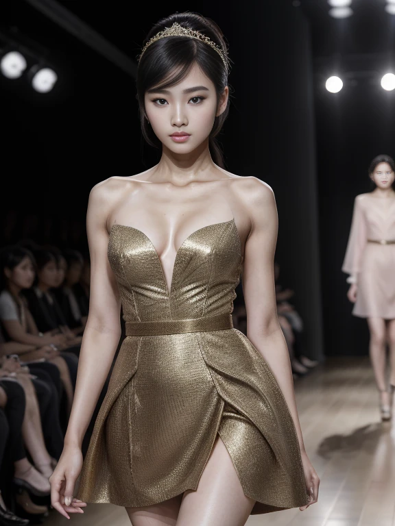 (8k, highest quality, ultra detailed:1.37), (Hana), 18yo, (a South Korean fashion model), struts confidently on the runway during a prestigious fashion week event. Dressed in a stunning designer ensemble, Hana's elegance and poise captivate the audience. The high-resolution image captures ultra-detailed realism, highlighting Hana's captivating eyes, flawless complexion, and fashionable hairstyle. The glamorous runway and stylish set design add to the visual appeal, creating a visually stunning representation of Hana's success in the fashion industry.