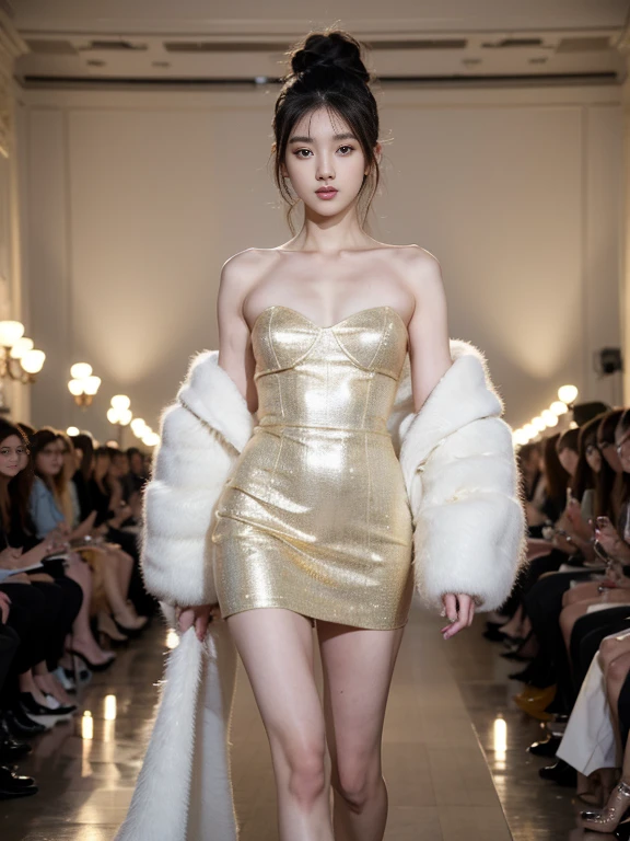 (8k, highest quality, ultra detailed:1.37), (Hana), 18yo, (a South Korean fashion model), struts confidently on the runway during a prestigious fashion week event. Dressed in a stunning designer ensemble, Hana's elegance and poise captivate the audience. The high-resolution image captures ultra-detailed realism, highlighting Hana's captivating eyes, flawless complexion, and fashionable hairstyle. The glamorous runway and stylish set design add to the visual appeal, creating a visually stunning representation of Hana's success in the fashion industry.