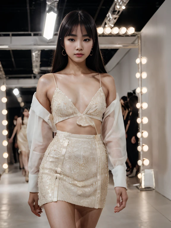 (8k, highest quality, ultra detailed:1.37), (Hana), 18yo, (a South Korean fashion model), struts confidently on the runway during a prestigious fashion week event. Dressed in a stunning designer ensemble, Hana's elegance and poise captivate the audience. The high-resolution image captures ultra-detailed realism, highlighting Hana's captivating eyes, flawless complexion, and fashionable hairstyle. The glamorous runway and stylish set design add to the visual appeal, creating a visually stunning representation of Hana's success in the fashion industry.