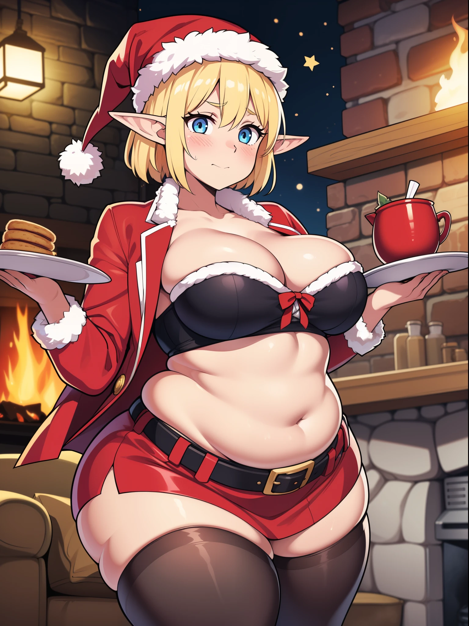 ((highres)), Masterpiece, high quality, best quality, beautiful, perfect lighting, detailed face, ultra cute face, elf ears, cowboy shot, ((1girl)), ((solo)), (blush), blonde hair, blue eyes, Santa hat, Santa dress, red skirt, belt, thigh highs, tight clothes, full body, living room, fire place, detailed background, medium breasts, perky breasts, cleavage, ((wide hips)), ((thick thighs)), ((chubby)), pudgy belly, fat folds, holding plate of cookies