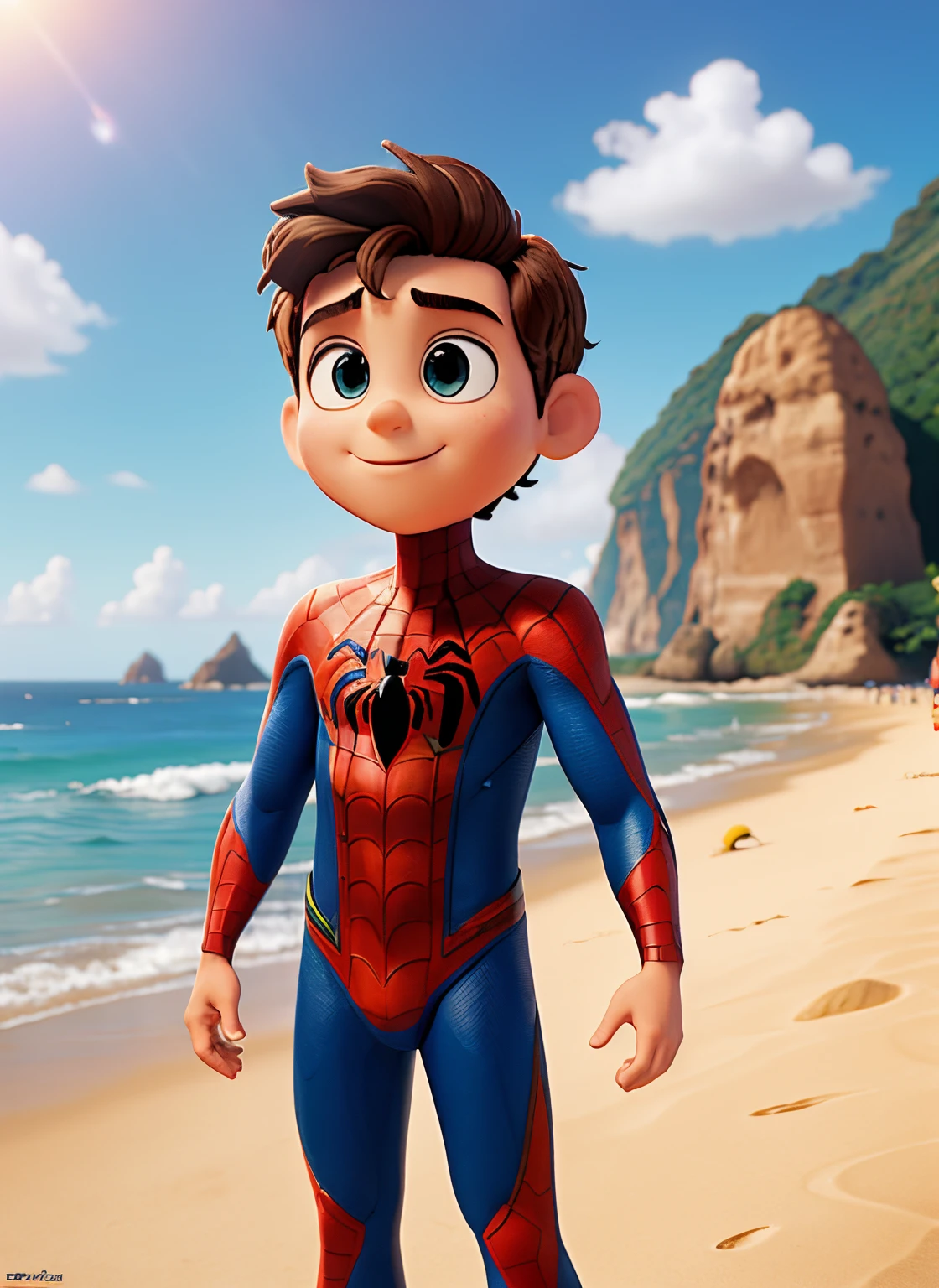 menino arafiado sentado em uma cadeira na praia com uma bebida, Spiderman!!, em uma praia ensolarada, Retrato do Homem-Aranha, na praia, Spiderman, Alex, wearing red and yellow hero suit, na praia, Divertindo-se ao sol, em uma praia, Salvando o dia novamente, Hora do dia ensolarado, full morning sun, em um dia ensolarado, estilo pixar 3d