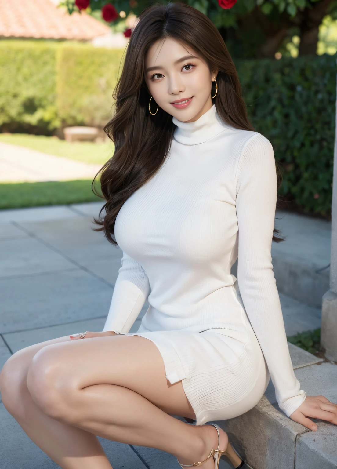 (Female, 22 years old), (Medium big breasts:1.3), rose garden、Lots of red roses on the background、 ((Grab the viewer's hand)), (​master piece: 1.3), (max resolution: 1.4), (UltraHD: 1.2), cinematric light, UltraHD, (Detailed eyes and skin), (detailed facial features), nffsw, 8K分辨率, Perfect Style, beautiful countenance、Highly detailed facial and skin texture、A detailed eye、二重まぶた、Glitter Eyeliner:1.2、thin cheeks、(fair white skin:1.3)、shiny earrings,Red Rouge:1.2、shiny lip:1.2、((FULL BODYSHOT:1.2))、((From a very intimate distance:1.2))、((Navy High Neck Pipeknit Dress))、high-heels、(Layered Hair Style、lightbrown hair)、medium-Long hair、(Very attractive smile:1.3)