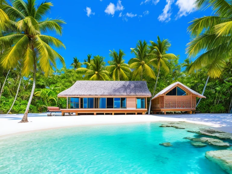 tropical house sitting a paradise beach, wide angle, no huts, blue skies, modern architecture, ultra detailed, 4K