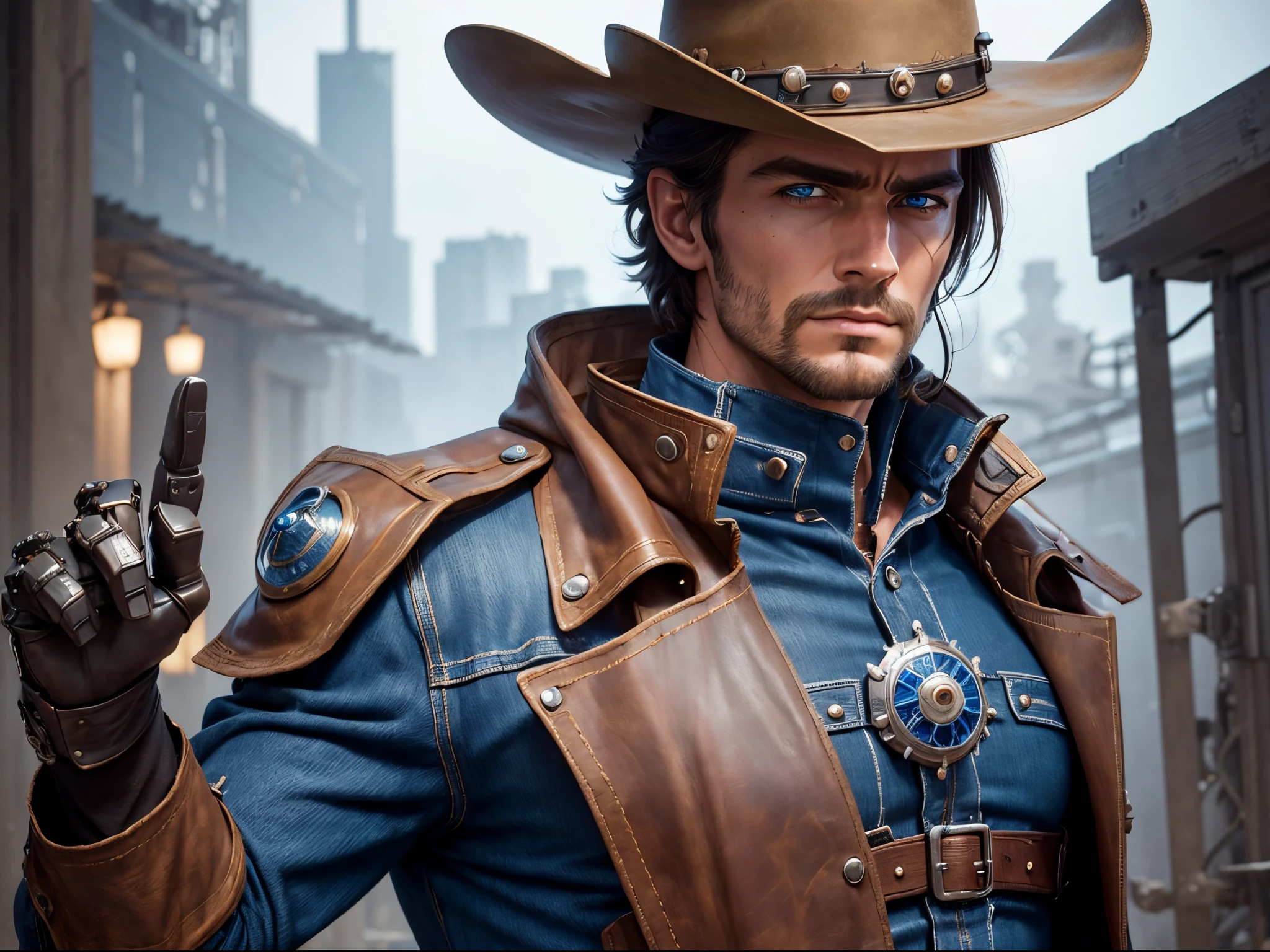 (((Masterpiece))), cool robot cowboy, Mechanical Face, Mechanical body, leather trenchcoat, blue eyes, A cowboy hat on his head, look from under the eyebrows