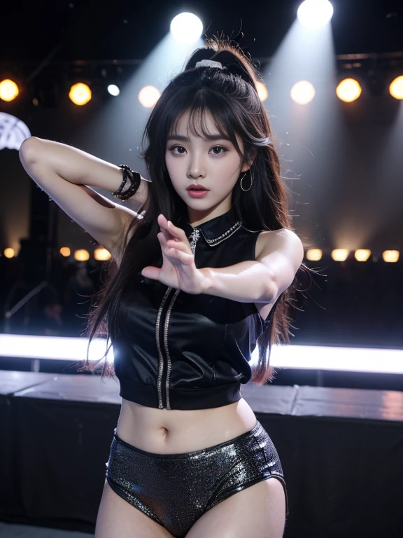 (8k, highest quality, ultra detailed:1.37), (Hana), 18yo, (a talented South Korean singer), captivates the stage with her powerful vocals and energetic dance moves. Dressed in a stylish stage outfit, Hana's vibrant performance radiates with passion and charisma. The high-resolution image captures ultra-detailed realism, highlighting Hana's captivating eyes, flawless complexion, and fashionable hairstyle. The stage lights and cheering crowd add to the electric atmosphere, creating a visually stunning representation of Hana's K-pop star persona.