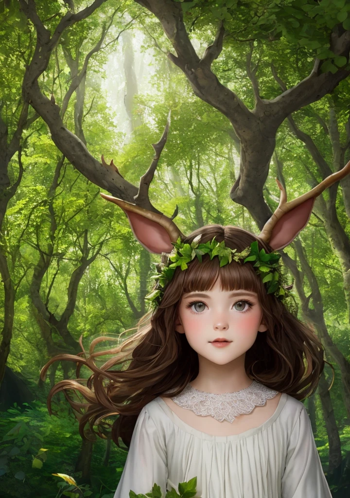 Jeune elfe sylvestre avec des cheveux verts feuilles, vêtue de tenues légères et équipée d'un arc en bois enchanté réaliste
