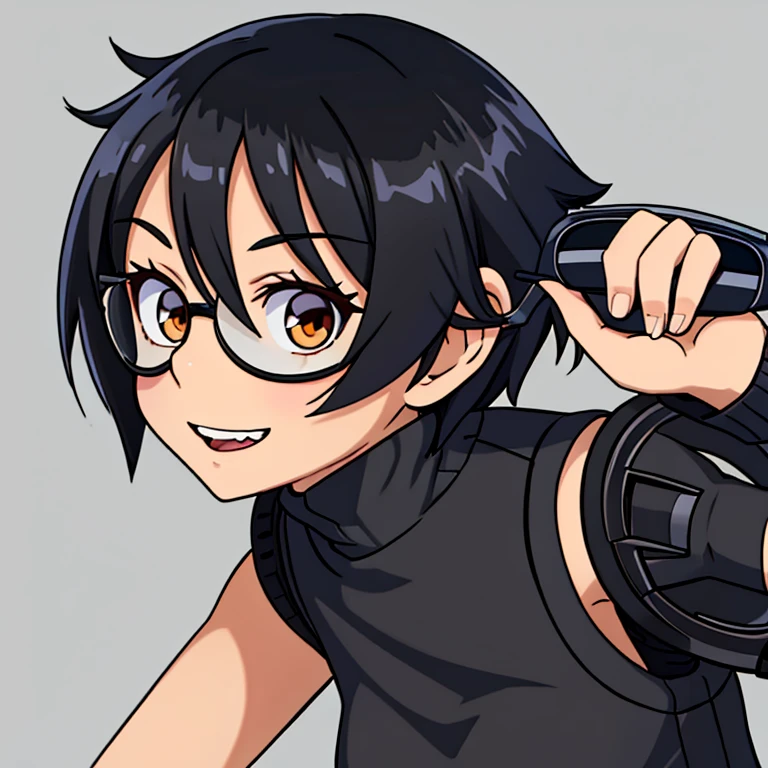 Anime girl  black hair sleeveless grey sweater  short hair goggles  brown eyes png  fangs