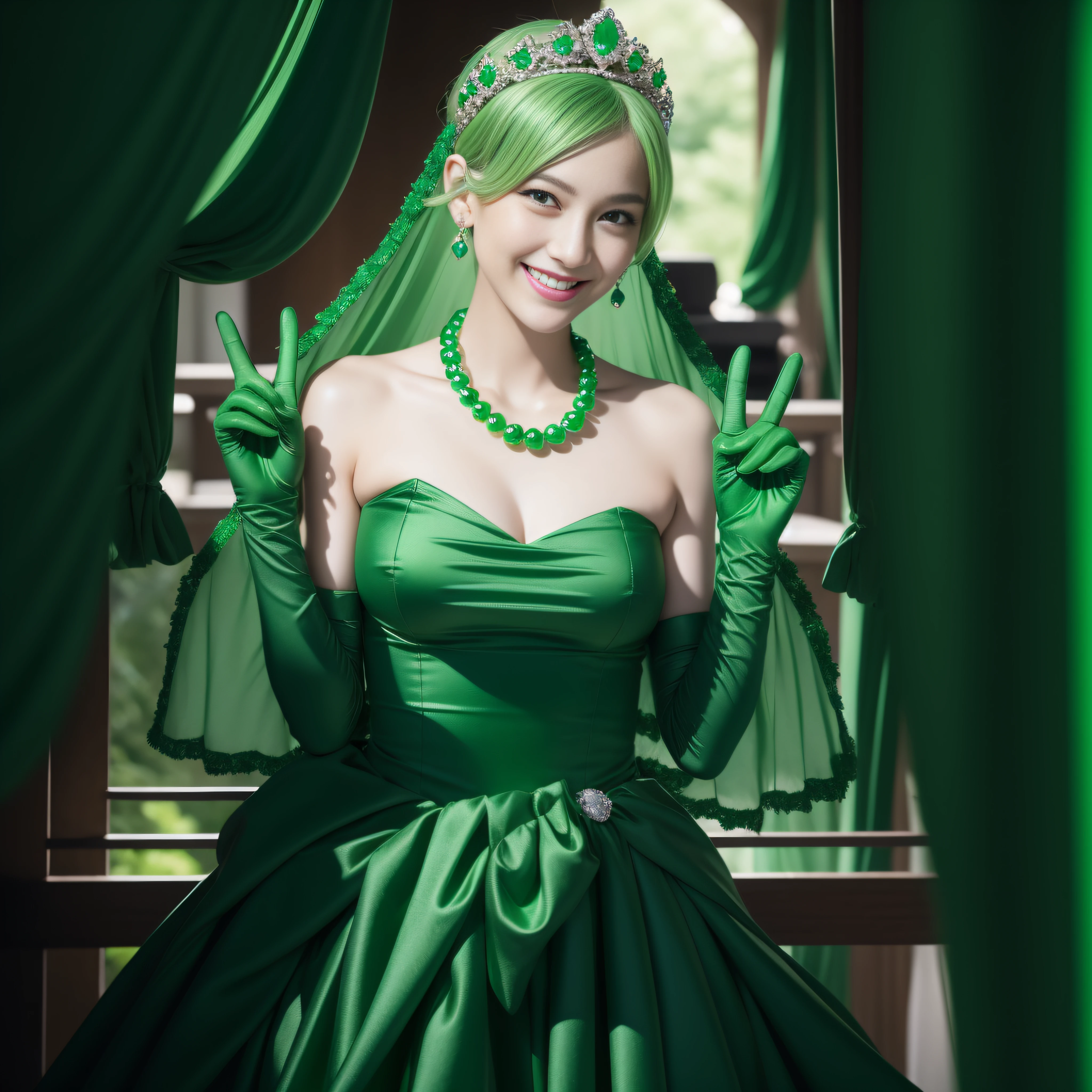 emerald tiara, Green Pearl Necklace, Boyish very short green hair, lipsticks, Japan woman smiling, very short short hair, big breasts beautiful, Green eyes, Long green gloves made of satin material, Green eyes, Emerald Earrings, green vale, v sign