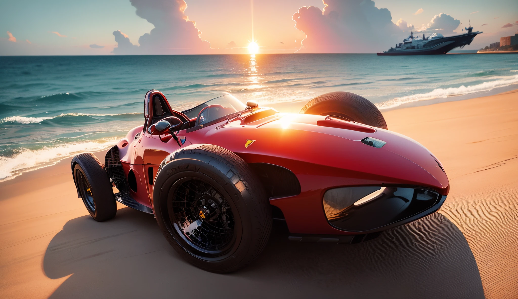 A Ferrari Shark Nose formula 1 Red Car with beach and boats and yachts at sunset by Syd Mead
