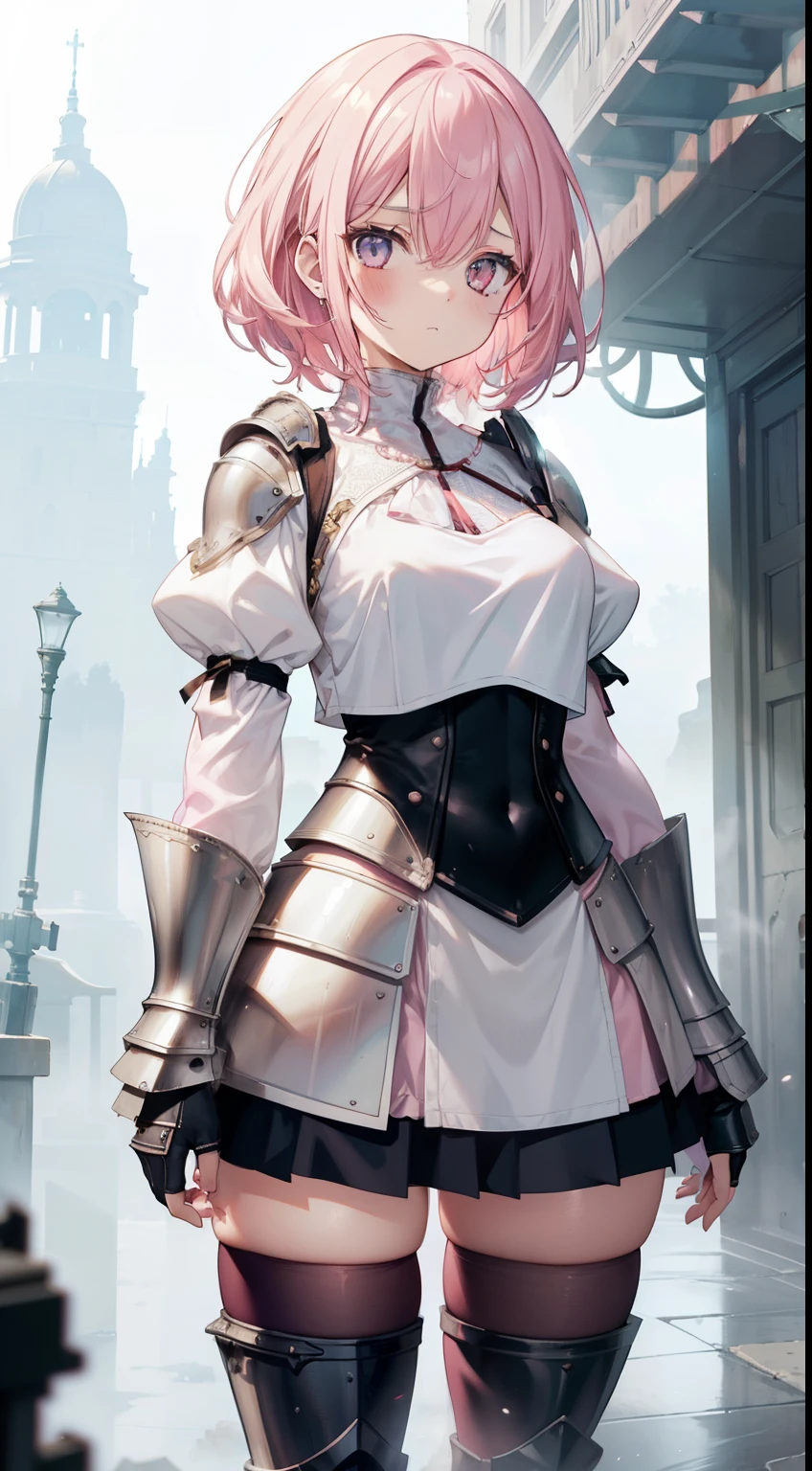 front view, girl, (without emotion), (pink hair, medium hair), (medium breasts size), (((armored white blouse))), ((tight blouse)), stockings, (thick fog:1.2), ((empty around)), (flat stone battleground), thighs