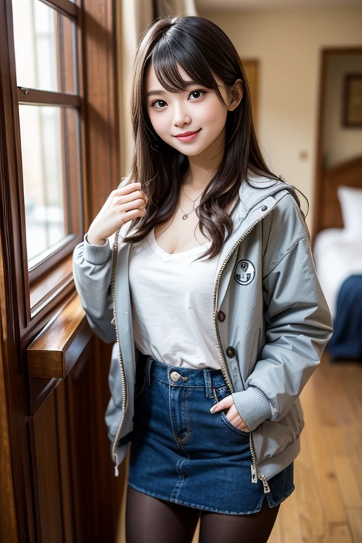 The cutest girl who works as a gravure idol、with shiny brown hair、She is captivating with her down jacket, cute denim miniskirt, and black pantyhose.。She smiled confidently.、Facing the camera in a professional pose。her fashion and expressions、A perfect balance between cuteness and elegance、It draws the viewer in and doesn't let go.。Through this scene、Express her charm to the fullest。"
