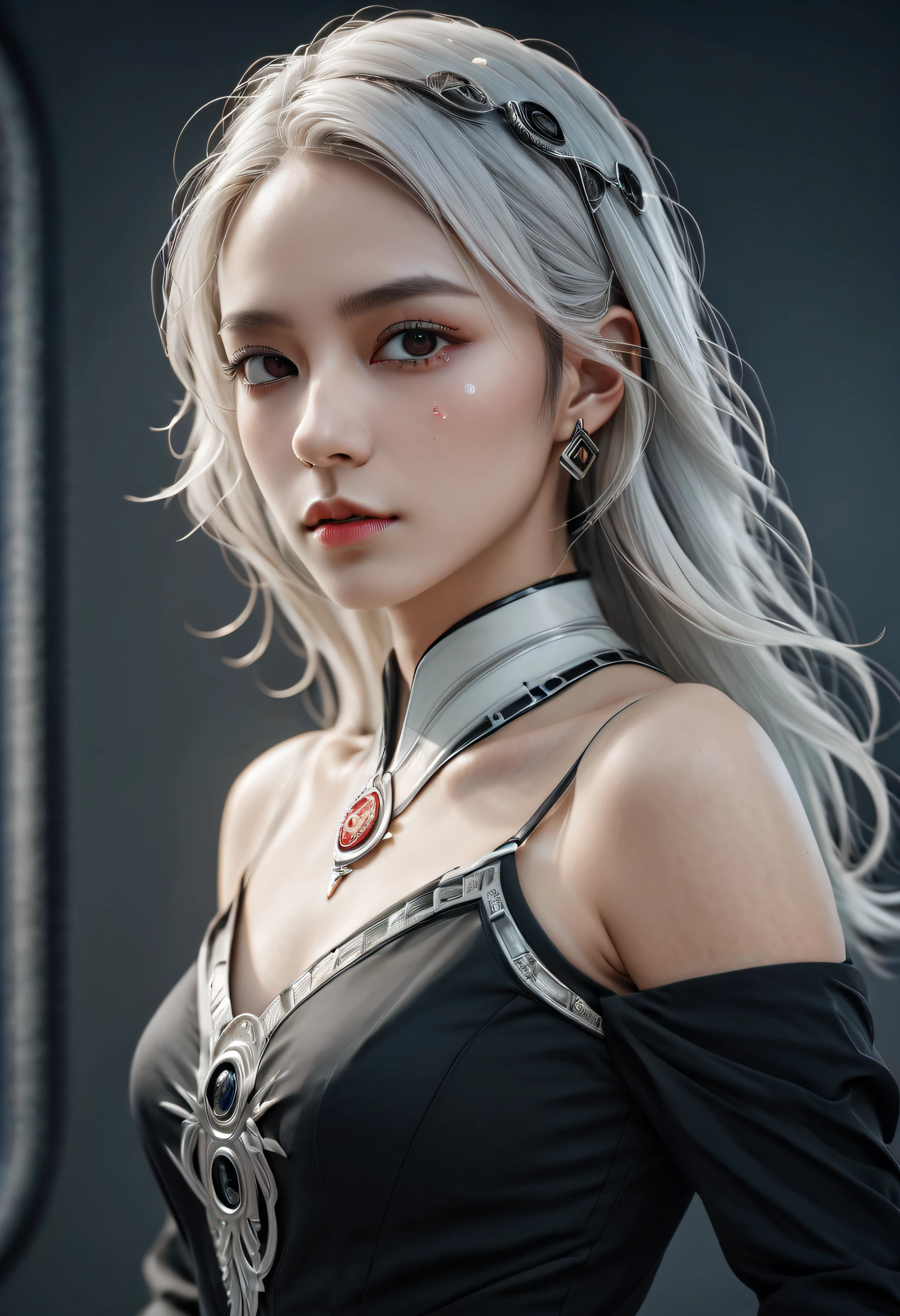 Portrait of a beautiful girl with wavy white hair, wearing a formal black dress with metal parts, red eyes, monograms in the background, digital painting, dark colors, 8k, complex details, vintage, retro futuristic style, sharp focus on the center, pastel colors, art station, (sci-fi, future, future theme), (facial expression looking with disdain), (detailed illustration)