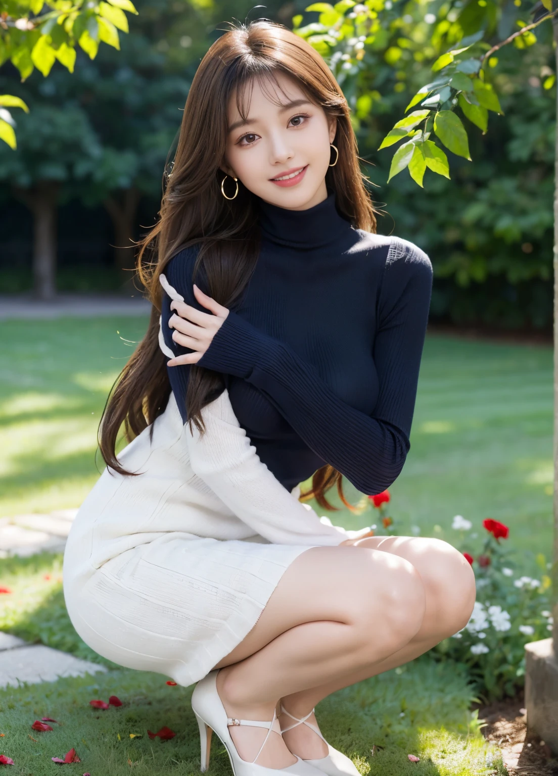 (Female, 22 years old), (Medium big breasts:1.3), rose garden、Lots of red roses on the background、 ((Grab the viewer's hand)), (​master piece: 1.3), (max resolution: 1.4), (UltraHD: 1.2), cinematric light, UltraHD, (Detailed eyes and skin), (detailed facial features), nffsw, 8K分辨率, Perfect Style, beautiful countenance、Highly detailed facial and skin texture、A detailed eye、二重まぶた、Glitter Eyeliner:1.2、thin cheeks、(fair white skin:1.3)、shiny earrings,Red Rouge:1.2、shiny lip:1.2、((FULL BODYSHOT:1.2))、((From a very intimate distance:1.2))、((Navy High Neck Pipeknit Dress))、high-heels、(Layered Hair Style、lightbrown hair)、medium-Long hair、(very affectionate smile:1.3)