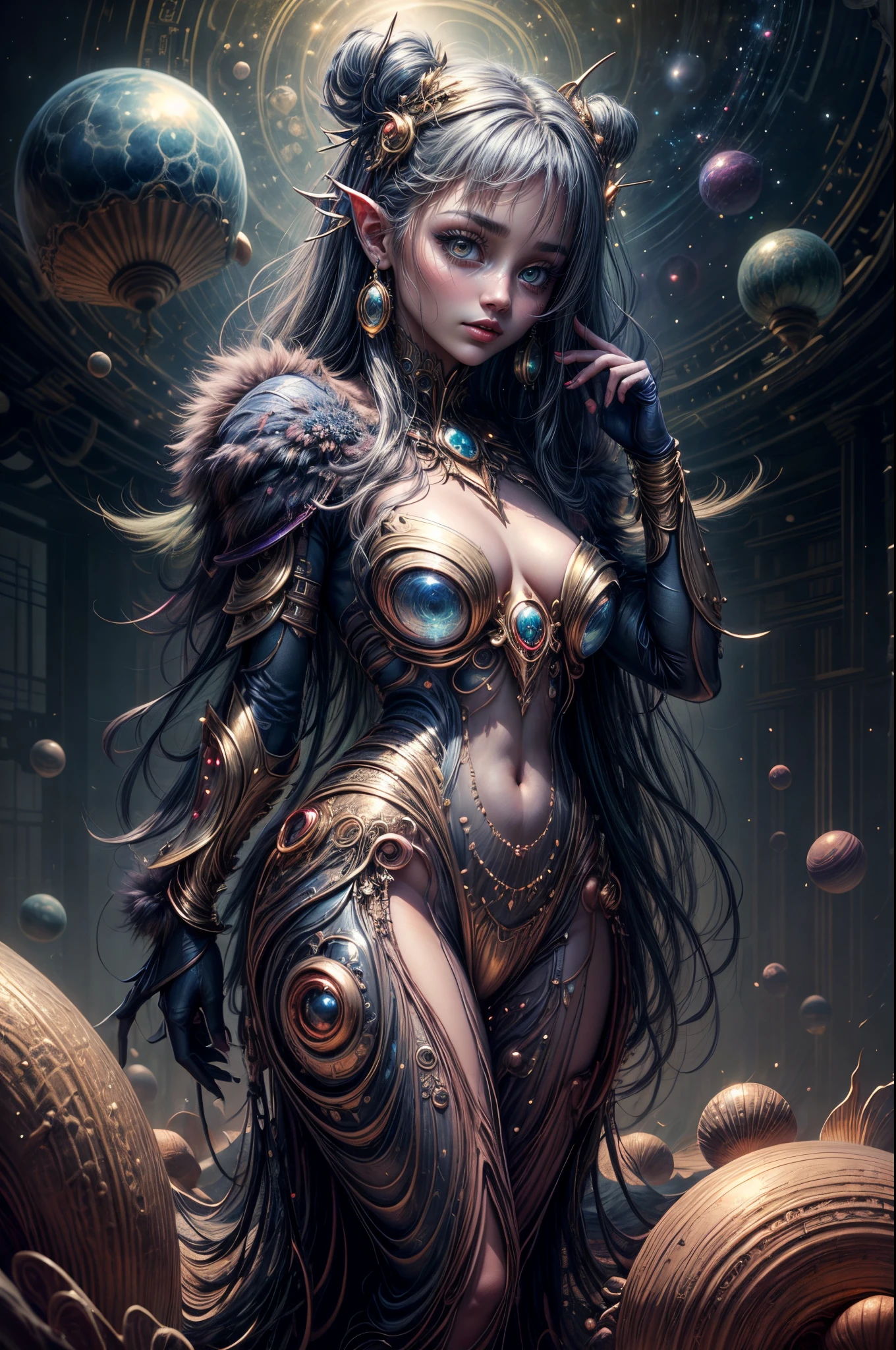 "Young Girl from the stars, (shimmering fur), celestial antennae, shell of wonder, planetary dreamscape, (cosmic enchantment), surreal artistry, vibrant and alien palette"