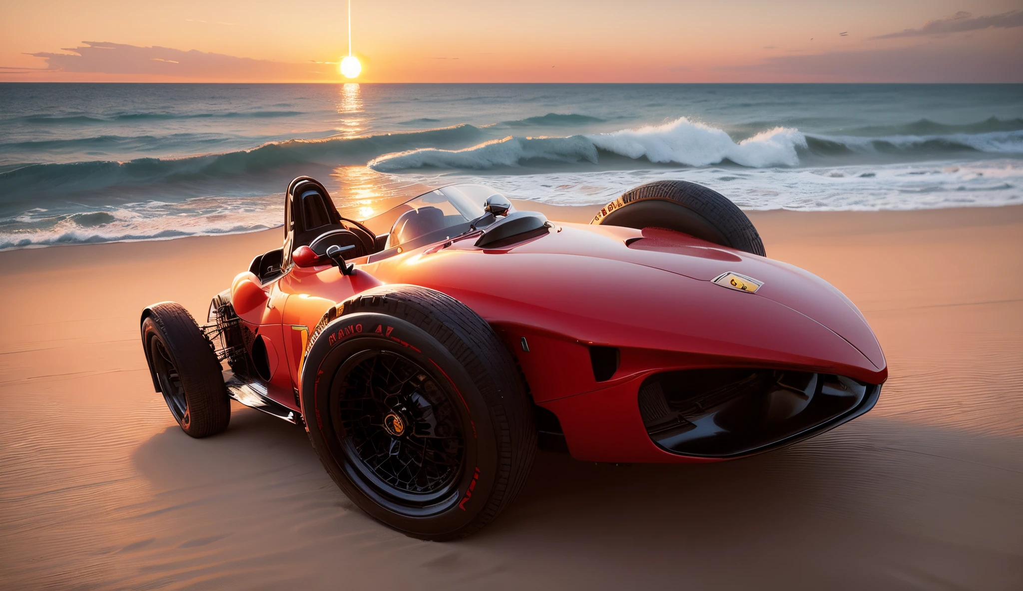 A Ferrari Shark Nose formula 1 Red Car with beach and boats and yachts at sunset by Syd Mead