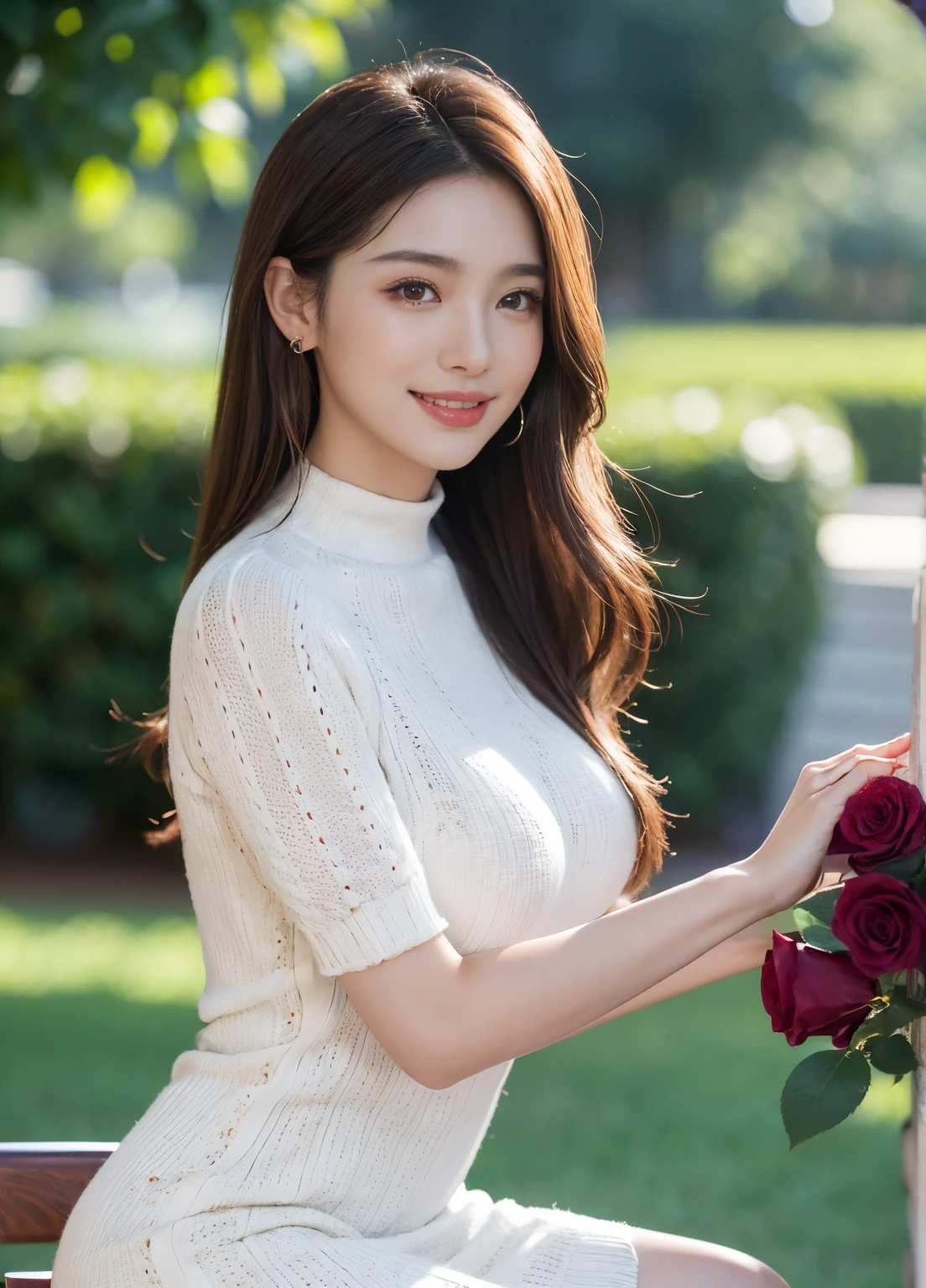 (Female, 22 years old), (Medium big breasts:1.3), rose garden、Lots of red roses on the background、 ((Grab the viewer's hand)), (​master piece: 1.3), (max resolution: 1.4), (UltraHD: 1.2), cinematric light, UltraHD, (Detailed eyes and skin), (detailed facial features), nffsw, 8K分辨率, Perfect Style, beautiful countenance、Highly detailed facial and skin texture、A detailed eye、二重まぶた、Glitter Eyeliner:1.2、thin cheeks、(fair white skin:1.3)、shiny earrings,Red Rouge:1.2、shiny lip:1.2、((FULL BODYSHOT:1.2))、((From a very intimate distance:1.2))、((Navy High Neck Pipeknit Dress))、high-heels、(Layered Hair Style、lightbrown hair)、medium-Long hair、(very affectionate smile:1.3)