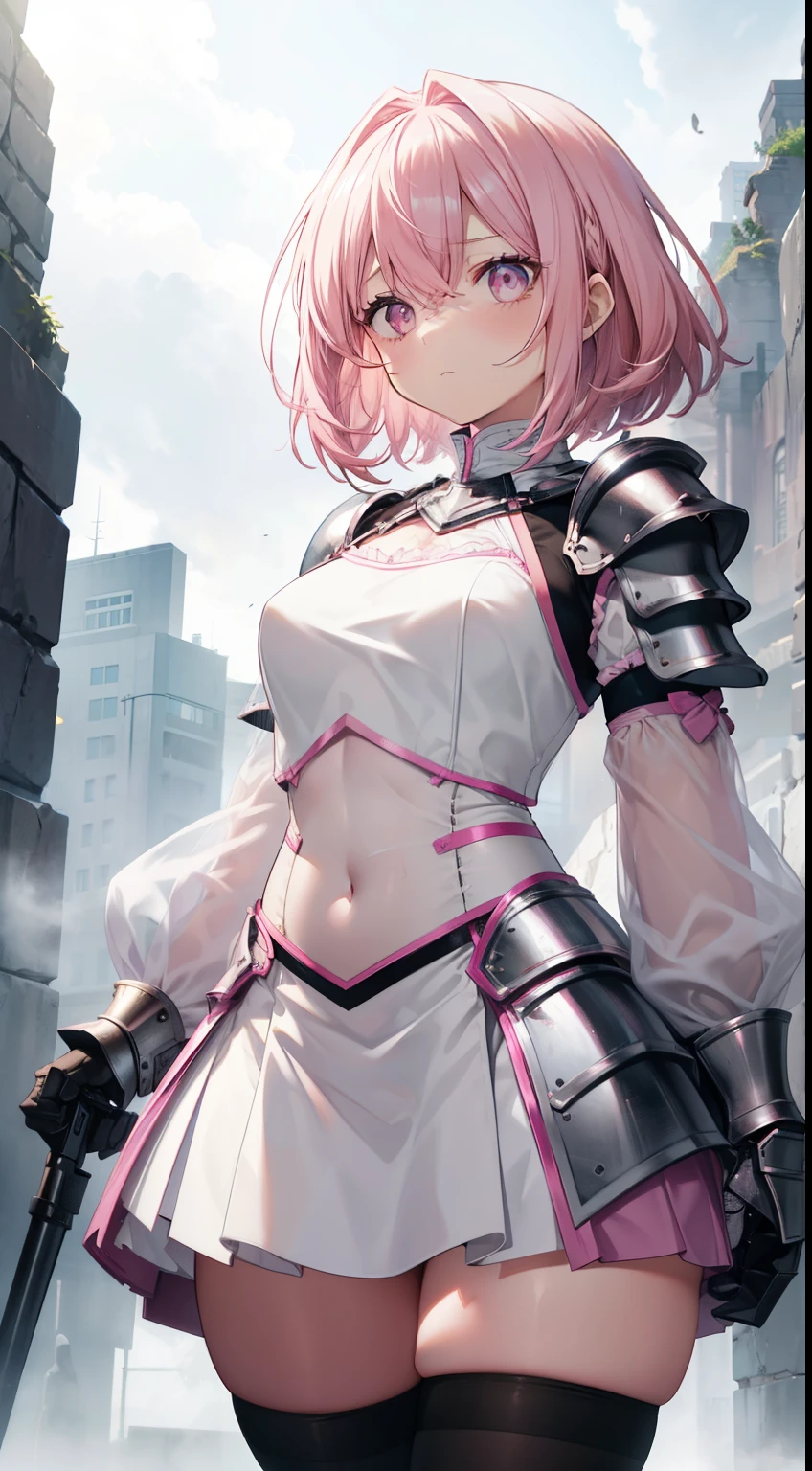 front view, girl, (without emotion), (pink hair, medium hair), (medium breasts size), (((armored white blouse))), ((tight blouse)), stockings, (thick fog:1.2), ((empty around)), (flat stone battleground), thighs
