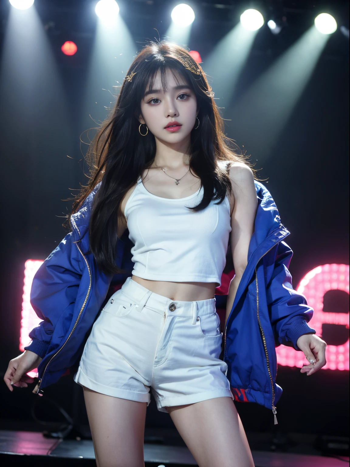 (8k, highest quality, ultra detailed:1.37), (Hana), 18yo, (a talented South Korean singer), captivates the stage with her powerful vocals and energetic dance moves. Dressed in a stylish stage outfit, Hana's vibrant performance radiates with passion and charisma. The high-resolution image captures ultra-detailed realism, highlighting Hana's captivating eyes, flawless complexion, and fashionable hairstyle. The stage lights and cheering crowd add to the electric atmosphere, creating a visually stunning representation of Hana's K-pop star persona.