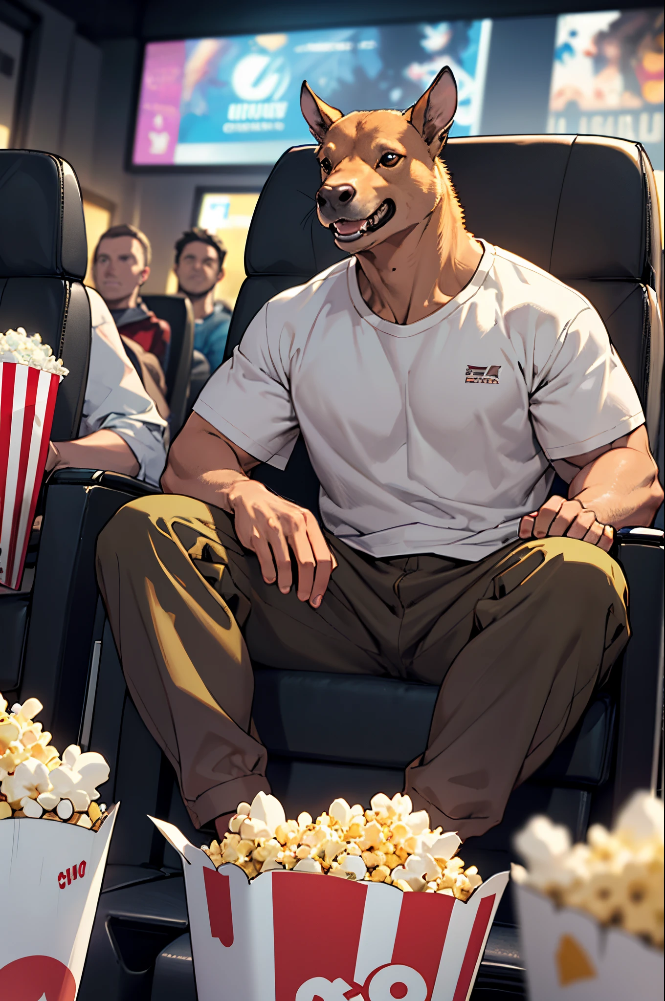 A picture of a capibara sitting in a movie theater watching a movie with popcorn around him, he is happy