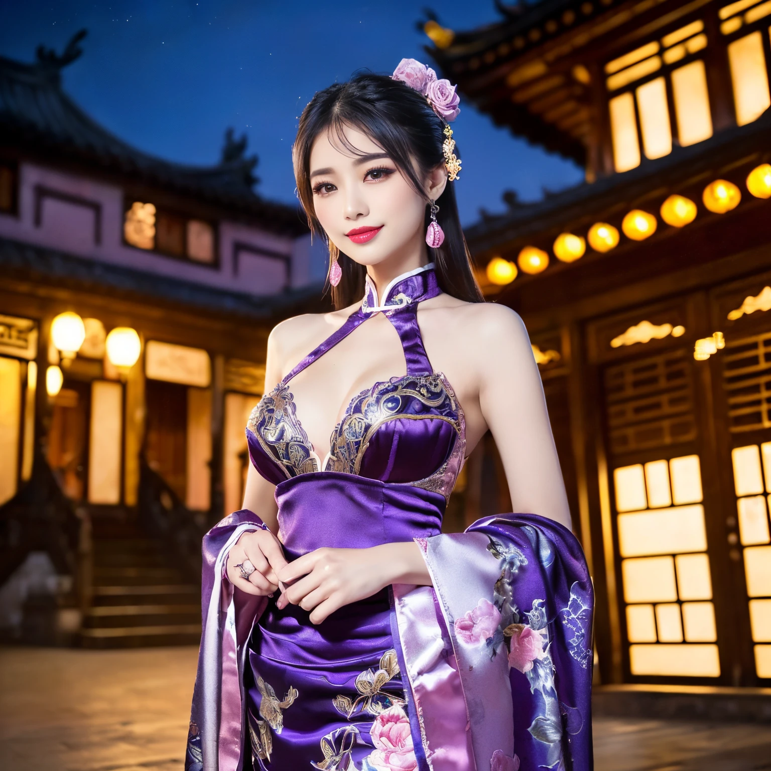 ((top-quality、masutepiece、8K、Top image quality、Highly complex and detailed depictions))、(Chinese prostitute full body photo:1.2)、Chinese garrison house at night、((The most gorgeous Chinese prostitute costume、the most luxurious and luxurious、China'the most gorgeous garrison、An unimaginably luxurious garrison、Guri House shines in purple and pink、purple and pink lanterns、A very luxurious and huge garrison house in the background、sexy midnight garrison house、Very complex decoration、very clear garrison))、(View me、Bewitching smile、Perfect makeup、long eyelashes、pink lipsticks、Pink eyeshadows、perfect anatomia、Biggest smile)