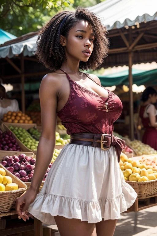 Beautiful black girl, 20 year old, high resolution, realistic, natural skin textures, photographic, full lips, short curly hair, cocoa colored skin, open mouth, beautiful legs, tall, skinny, slim legs, ((huge breasts:1.2)),(wearing a white sleeveless dress with plum prints, cleavage, lace stockings, red sash, flats, in an open air market, by stands of fruits, standing, side view, leaning over, holding a banana,