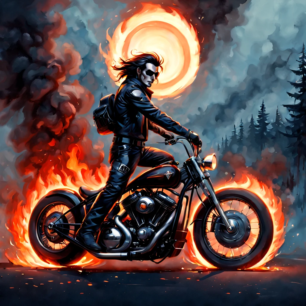 Motorcycle on circle fire, harley dadvison motorcycle, illustrator