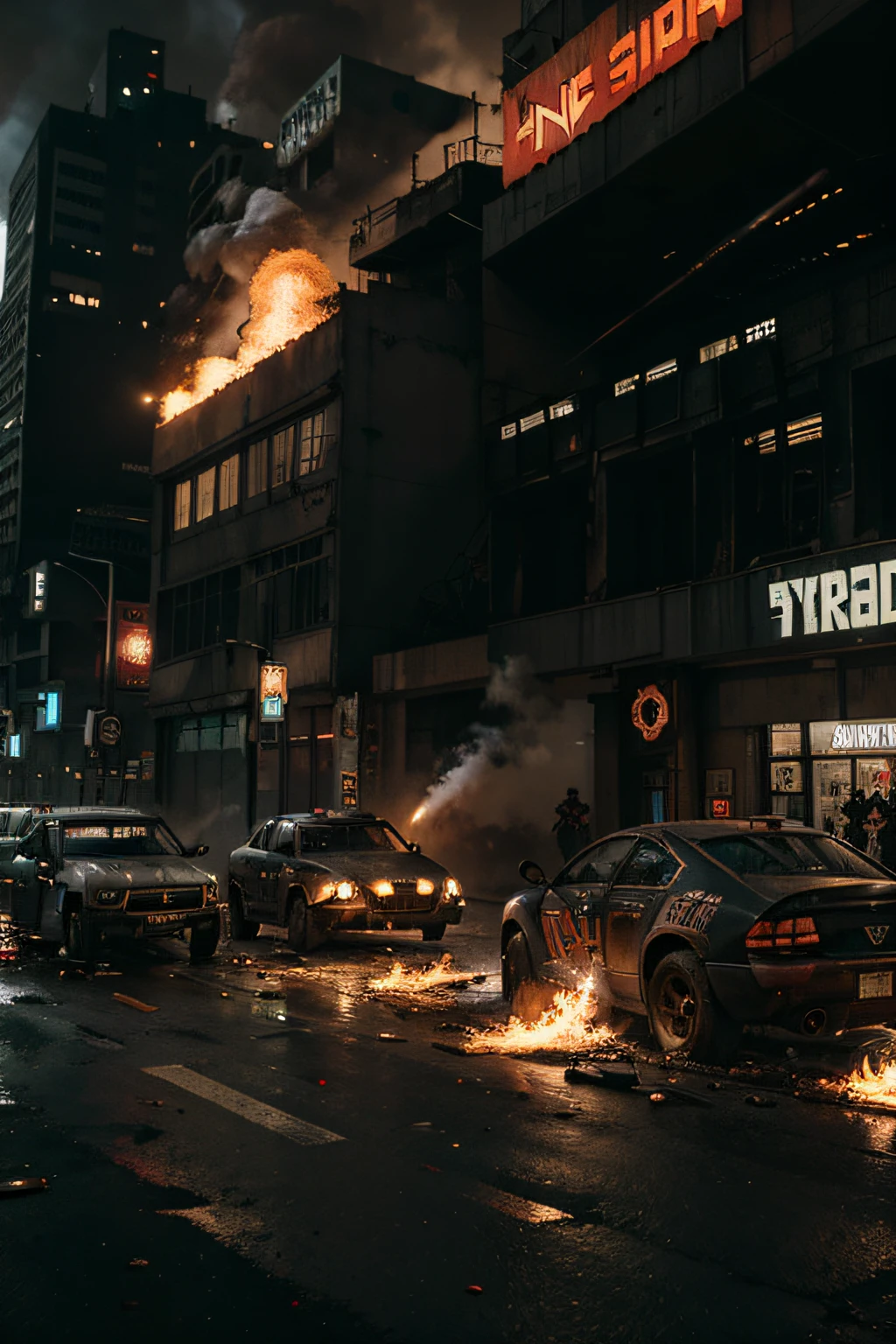 Landscape, night, new york abandoned city, zombie apocalypse, resident evil aesthetic, smoke, flames, people running, zombie, police, police cars