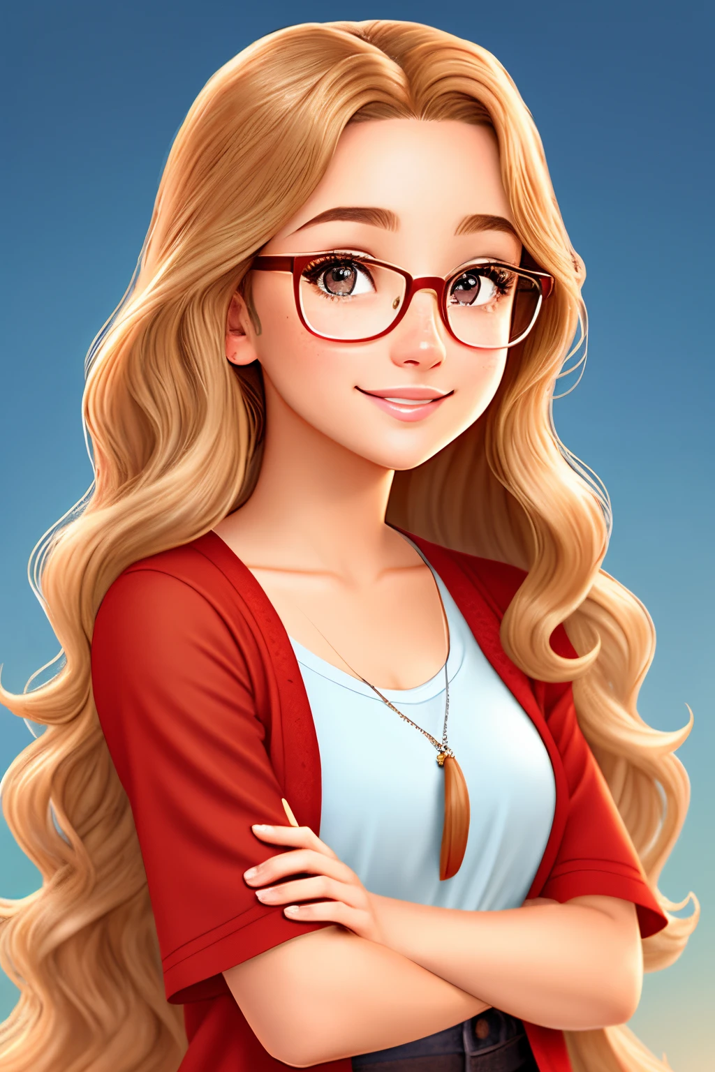 fair skinned woman with brown eyes, long wavy brown and blonde hair, freckles, and glasses in disney pixar style