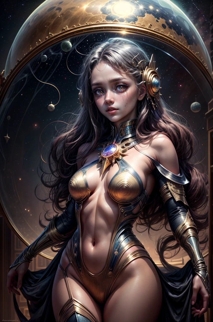 "Chica joven de las estrellas, (pelaje brillante), antenas celestes, Concha de maravilla, Planetary dreamscape, (Cosmic Enchantment), Arte surrealista, Vibrant and alien palette"