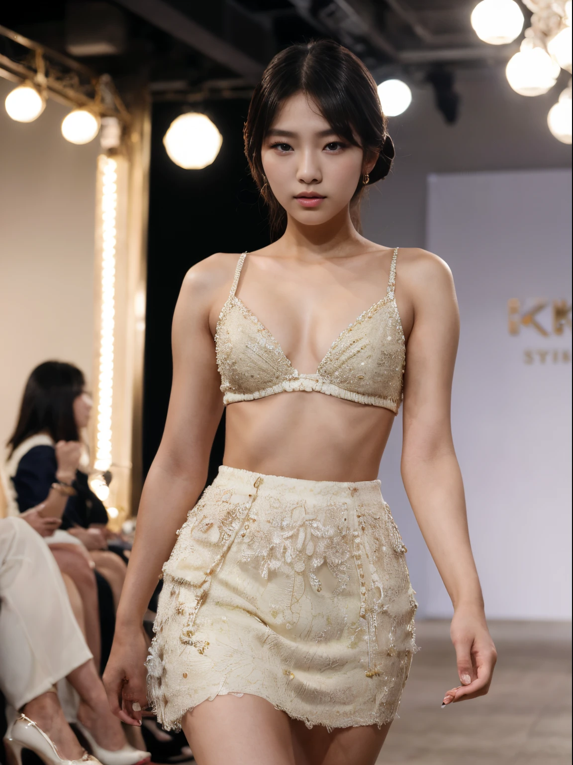 (8k, highest quality, ultra detailed:1.37), (Hana), 18yo, (a South Korean fashion model), struts confidently on the runway during a prestigious fashion week event. Dressed in a stunning designer ensemble, Hana's elegance and poise captivate the audience. The high-resolution image captures ultra-detailed realism, highlighting Hana's captivating eyes, flawless complexion, and fashionable hairstyle. The glamorous runway and stylish set design add to the visual appeal, creating a visually stunning representation of Hana's success in the fashion industry.