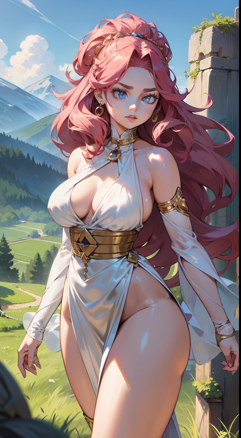 a girl, fair skin, big hair, perfect eyes, eyebrow, nose, ear, mouth, lips, neck, shoulders, costume outfit, (sleeve style), waist, thick legs, thick thighs, background scenery