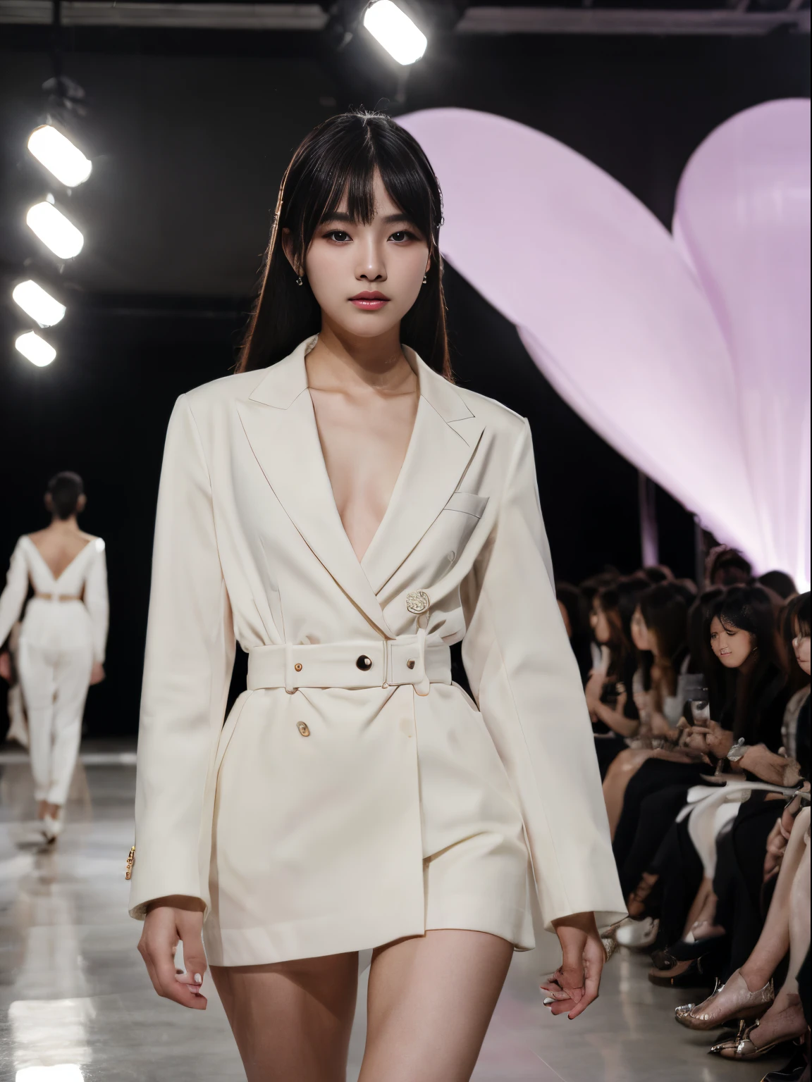 (8k, highest quality, ultra detailed:1.37), (Hana), 18yo, (a South Korean fashion model), struts confidently on the runway during a prestigious fashion week event. Dressed in a stunning designer ensemble, Hana's elegance and poise captivate the audience. The high-resolution image captures ultra-detailed realism, highlighting Hana's captivating eyes, flawless complexion, and fashionable hairstyle. The glamorous runway and stylish set design add to the visual appeal, creating a visually stunning representation of Hana's success in the fashion industry.