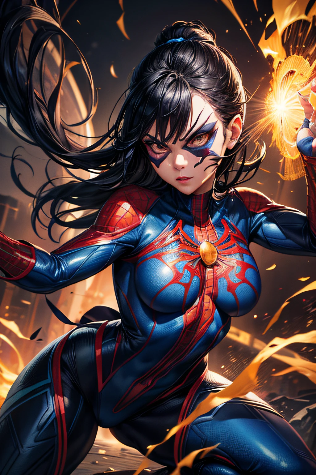 Supervillain Spider-Woman, Mask on the whole face, tight blue spider man suit with golden add-ons, small breasts, on roof, combat stance, highly detailed, vibrant appearance, creative behavior, extremly detailed, imaginative, sensual, spontaneous, highest quality, skin texture, intricate details, (cinematic lighting), RAW photo, 8k, masterpiece,best quality,ultra-detailed,very detailed illustrations,extremely detailed,intricate details,highres,super complex details,extremely detailed 8k cg wallpaper,