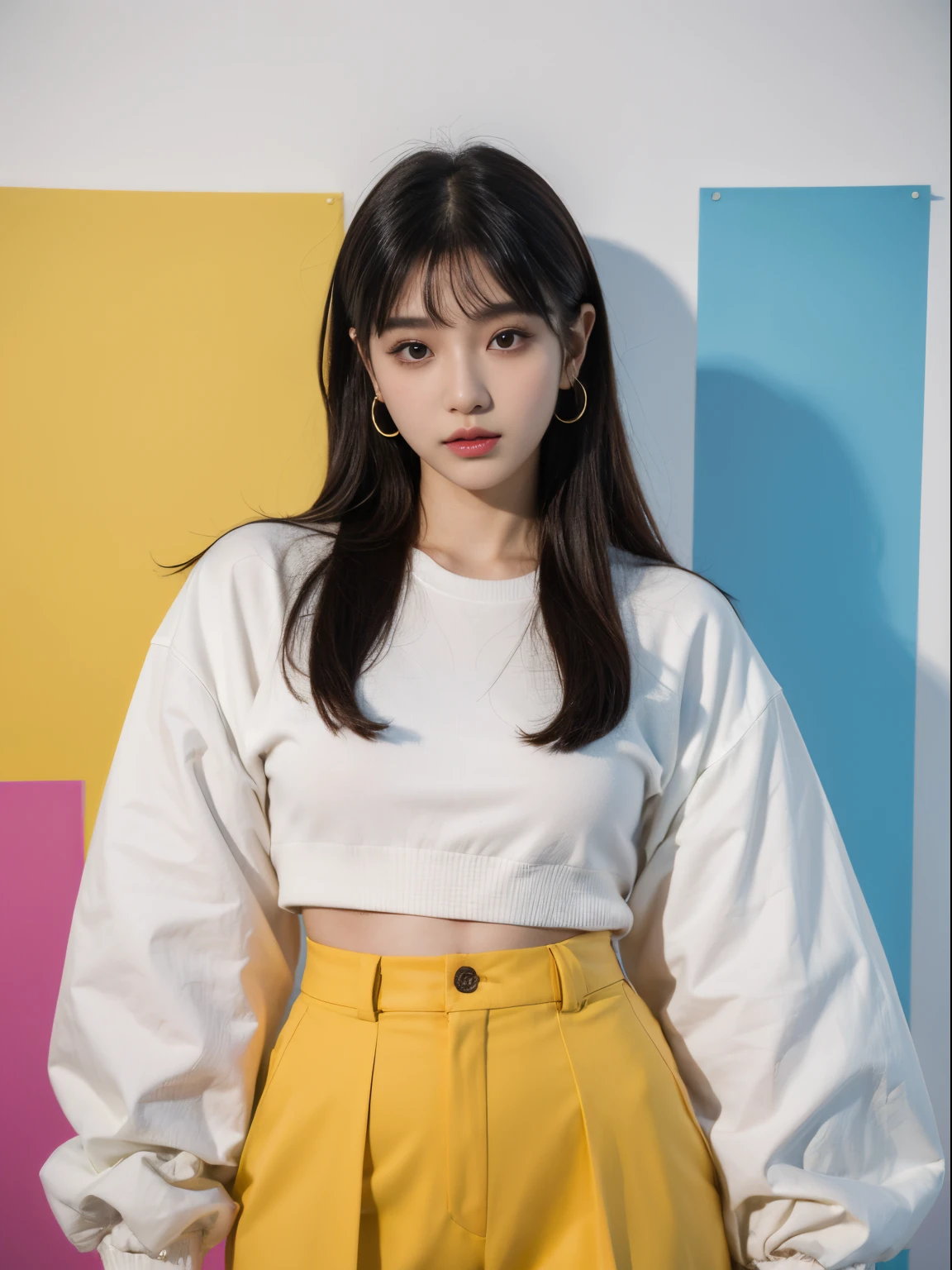 (8k, highest quality, ultra detailed:1.37), (Hana), 18yo, (a South Korean beauty influencer), collaborates with a renowned cosmetics brand for a vibrant campaign. Dressed in a stylish outfit that complements the colorful makeup, Hana exudes confidence and beauty. The high-resolution image captures ultra-detailed realism, highlighting Hana's captivating eyes, flawless complexion, and trendy hairstyle. The vibrant and eye-catching backdrop enhances the overall visual appeal, showcasing Hana's expertise in the beauty industry.