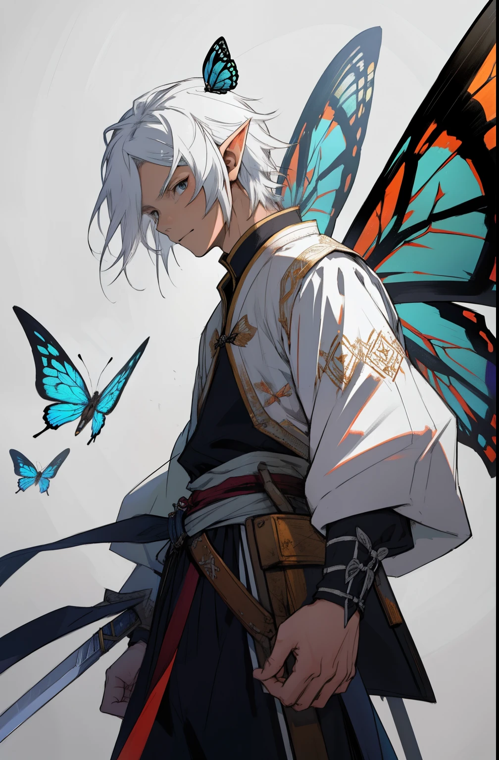 beste-Qualit, tmasterpiece, extra high resolution, Detailed background, realisti, 独奏, ember, humanoid,needles in hands , needles in hands, small needles in different hands, black wing and white wing, 2 samurai swords, faeries look like Little Elves with Insect Wings, Flying on the wings of a butterfly, butterfly wings, in full height, Flies, faery, Little, Flies, Medieval Pathfinder Outfit, Pathfinder's Outfit ,Butterfly wings grow out of the back, chaotic–neutral, Male gender, Horror \(subject\),ダークファンタジー, Good Guy , Depth of field.