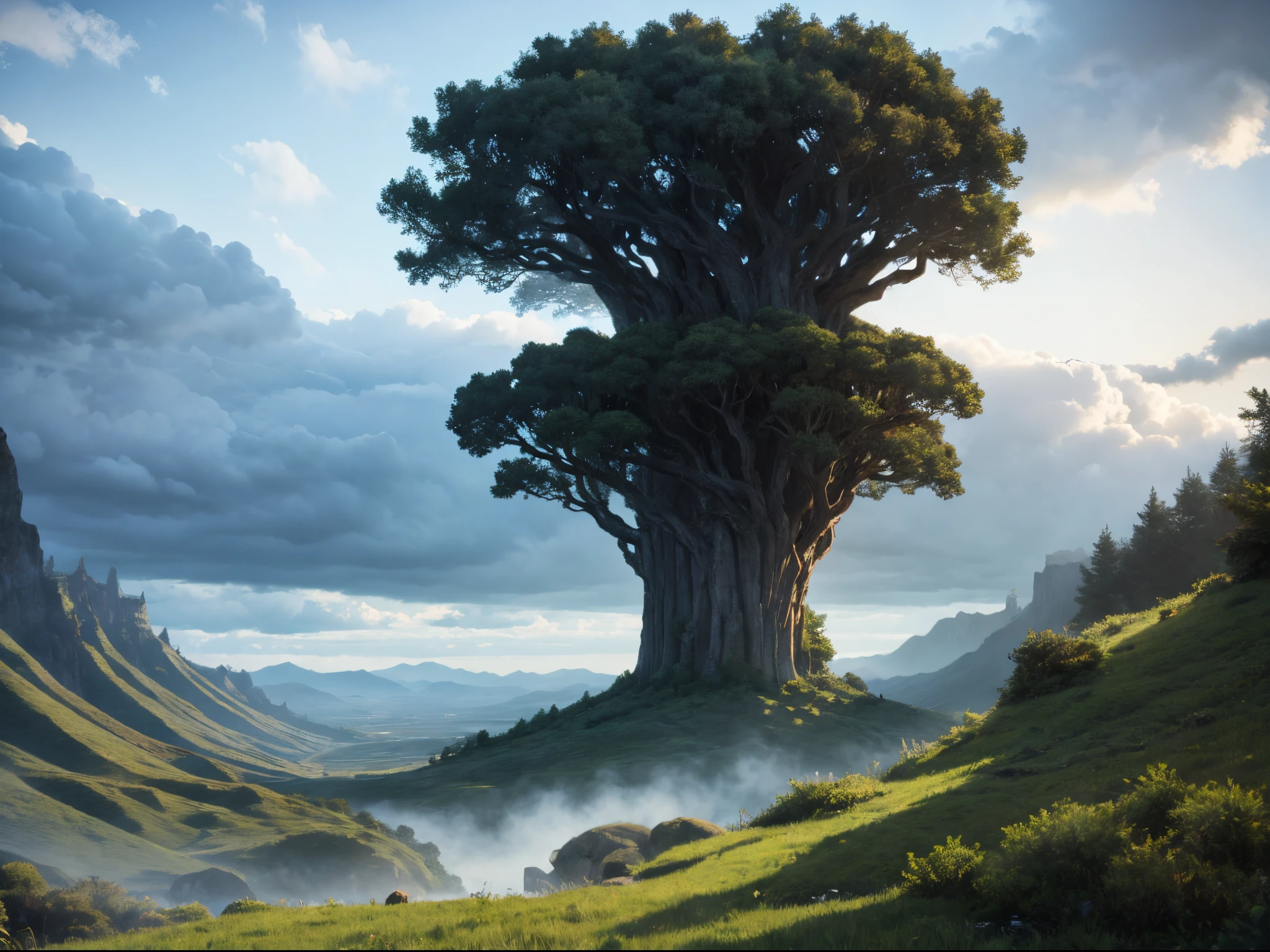 Craft a dramatic landscape where storm clouds of data gather over a fusion of colossal silicon trees and organic valleys, portraying a powerful synergy between nature and technology. enormous tits