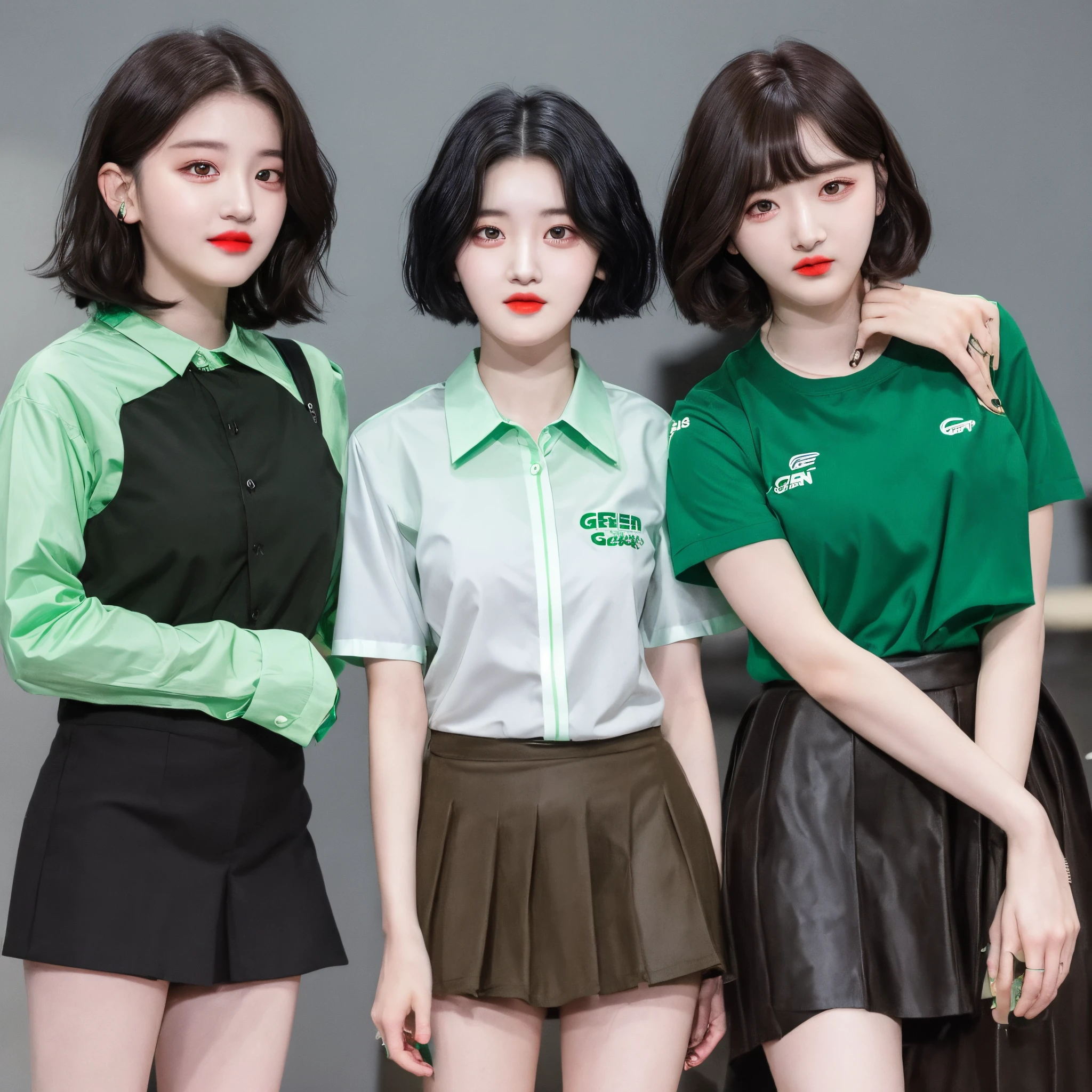 a 17 year girl with short black hair and dark brown eye with black and green shirt and green skirt