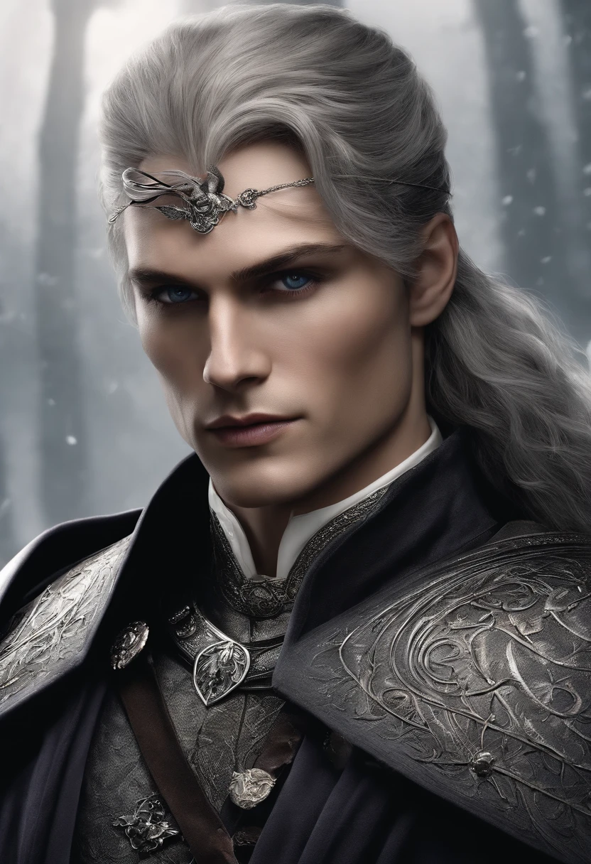 A captivating and intense image of the character engaged in a heated political debate, commanding attention and delivering a compelling argument with unwavering confidence and intellect.,A Song of Ice and Fire,[Hair=Long, straight, platinum, silver. Facial features=strong and prominent jawline, straight nose, full lips with defined cupids bow, one violet eye (right), scar from left eyebrow to left cheekbone, missing left eye replaced by blue sapphire. Body=Tall, lithe, defined muscles, broad shoulders and chest, long torso, small waist, long legs, tight round arse, long thick uncircumcised cock. Hands=Large, veiny, long elegant fingers. Appearance=medieval regal attire, expensive fabrics, impeccable taste, wears dark colours, casual attire only in private, wears a leather eyepatch over left eye.], male