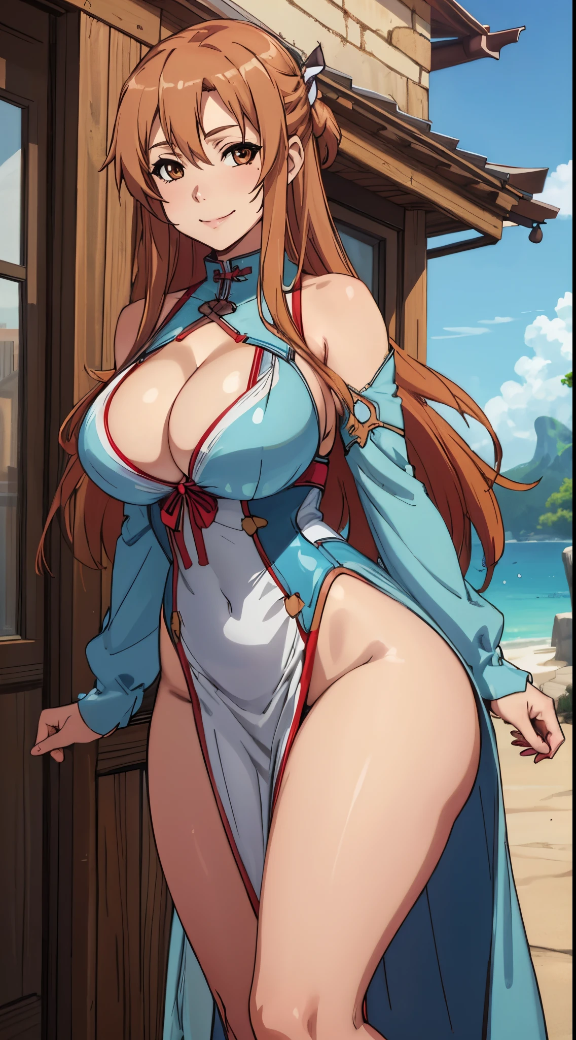 (best quality:1.3), Asuna Yuuki, , busty, cleavage, smile, seductive, , curvy body, big , big , (curvy body), (  dress), (cleavage), (blue sky)