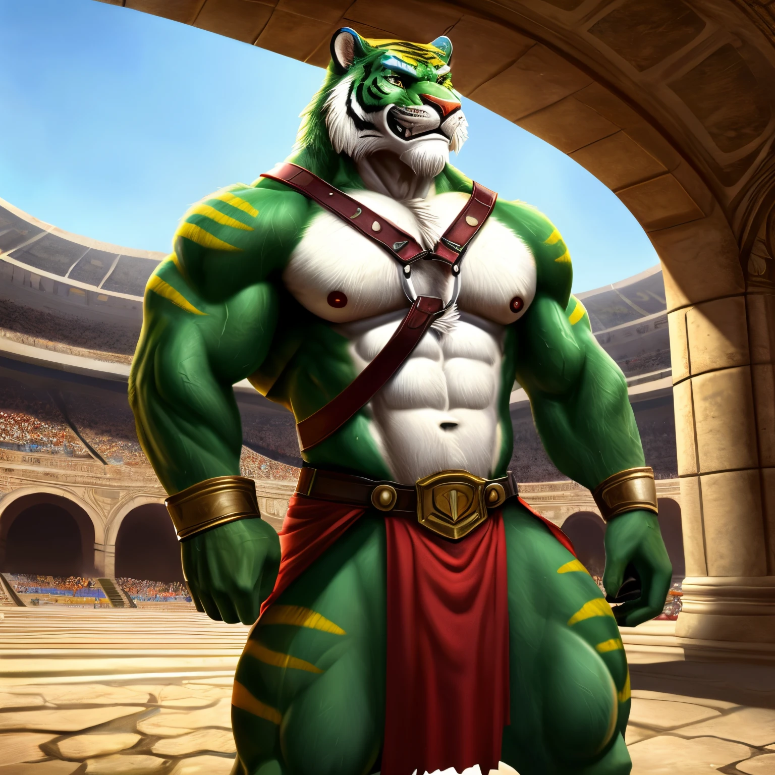 anthro battlecat from He-Man, (anthro tiger, green fur with yellow stripes, white chest fur), bodybuilder, intense, sweaty, smirking, barechest, sword slung behind his back, chest harness, leather strap kilt (spartan/gladiator armor), (photorealistic fur, detailed fur, epic, masterpiece:1.2), detailed coliseum arena background