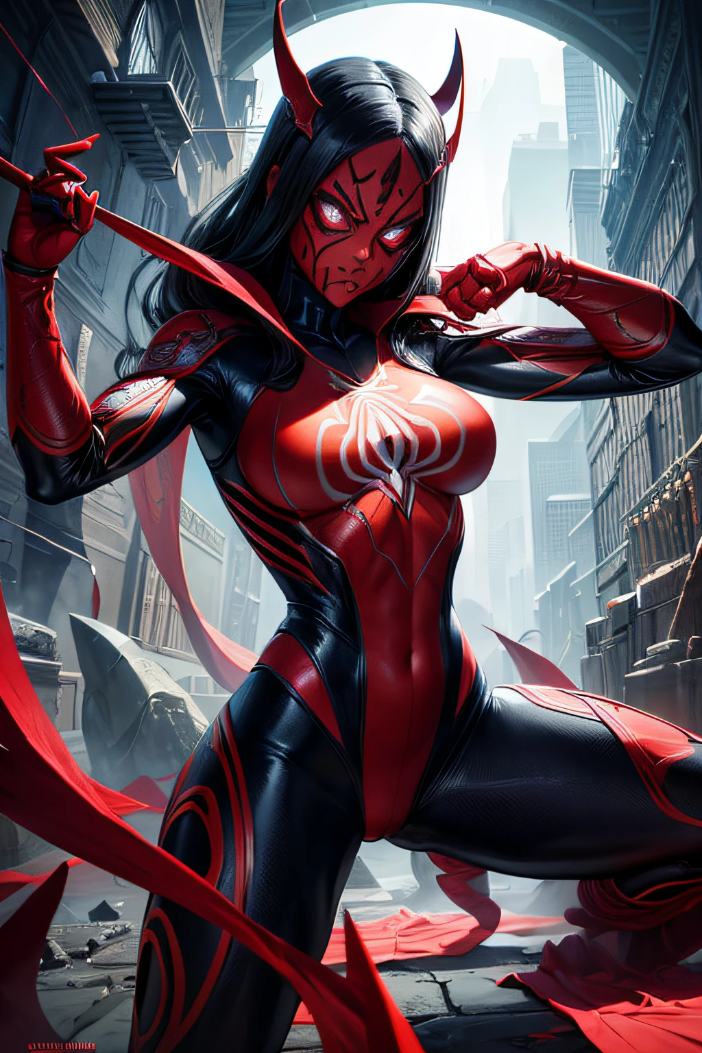 Supervillain Spider-Woman, Mask on the whole face, tight white and red spider suit with red spider symbol, small breasts, combat stance, highly detailed, vibrant appearance, creative behavior, extremly detailed, imaginative, sensual, spontaneous, highest quality, skin texture, intricate details, (cinematic lighting), RAW photo, 8k, masterpiece,best quality,ultra-detailed,very detailed illustrations,extremely detailed,intricate details,highres,super complex details,extremely detailed 8k cg wallpaper,