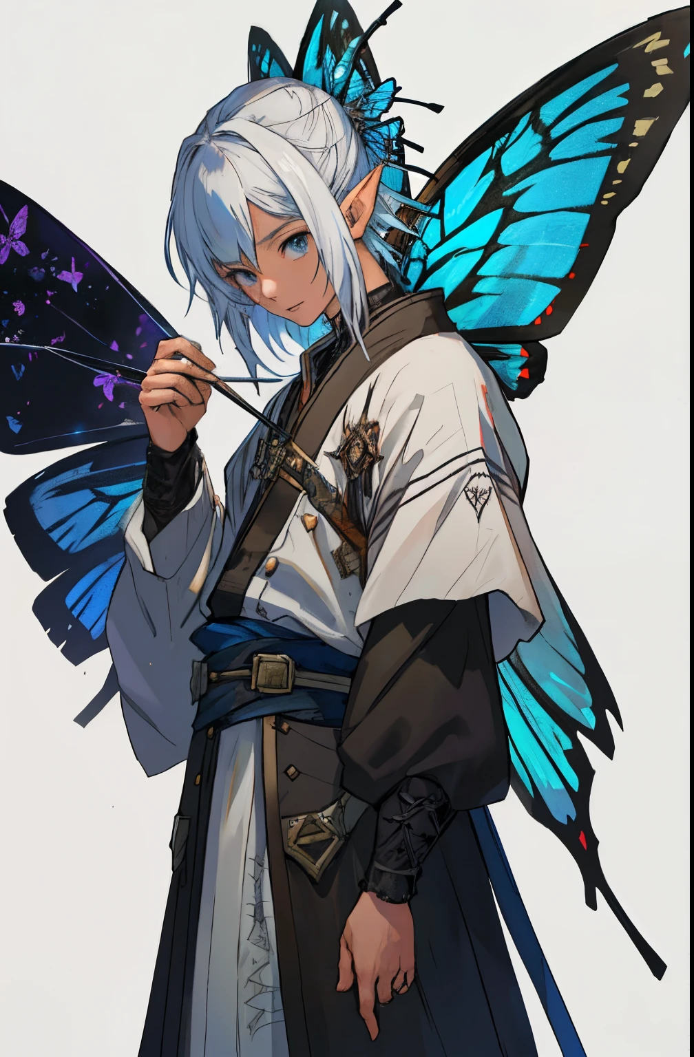 beste-Qualit, tmasterpiece, extra high resolution, Detailed background, realisti, 独奏, ember, humanoid, needles in hands , needles in hands, small needles in different hands, black wing and white wing, 2 samurai swords, faeries look like Little Elves with Insect Wings, Flying on the wings of a butterfly, butterfly wings, in full height, Flies, faery, Little, Flies, Medieval Pathfinder Outfit, a lot of needles , needles on hands, a lot of needles, Pathfinder's Outfit ,Butterfly wings grow out of the back, chaotic–neutral, Male gender, Horror \(subject\),ダークファンタジー, Good Guy , Depth of field.