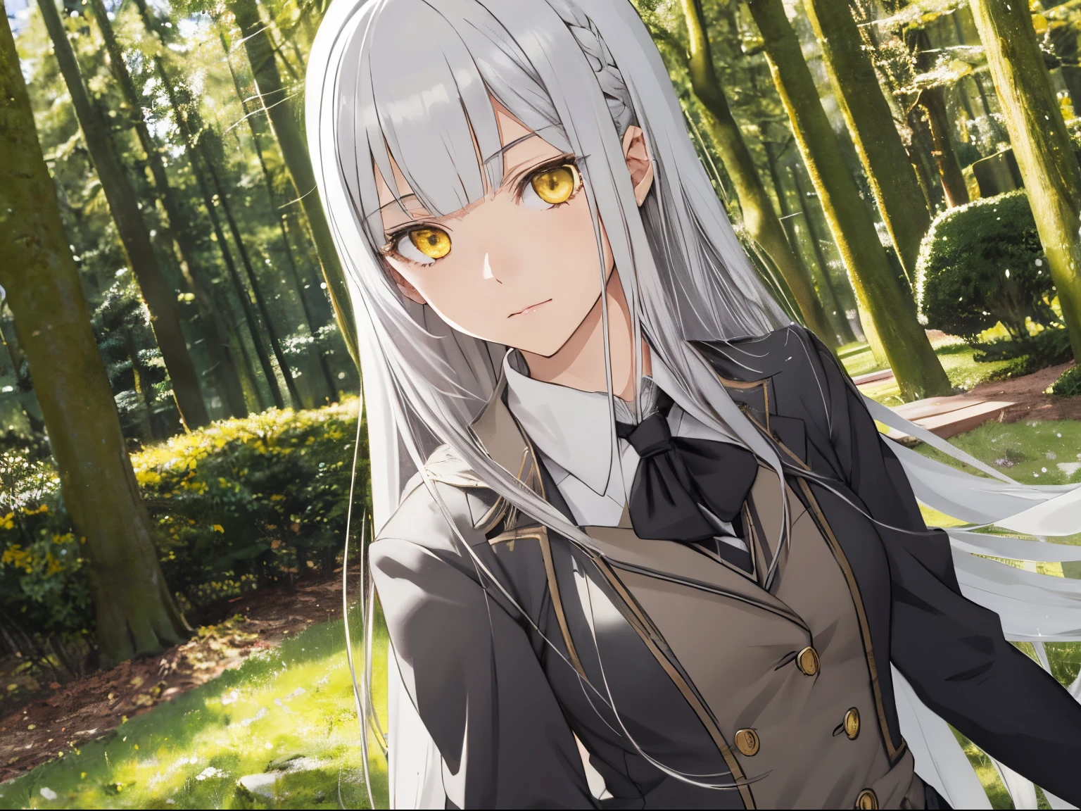 1girl, yellow eyes, style novel, dash isekai anime, long silver hair, blunt bangs, school uniform, super detailed, em Floresta