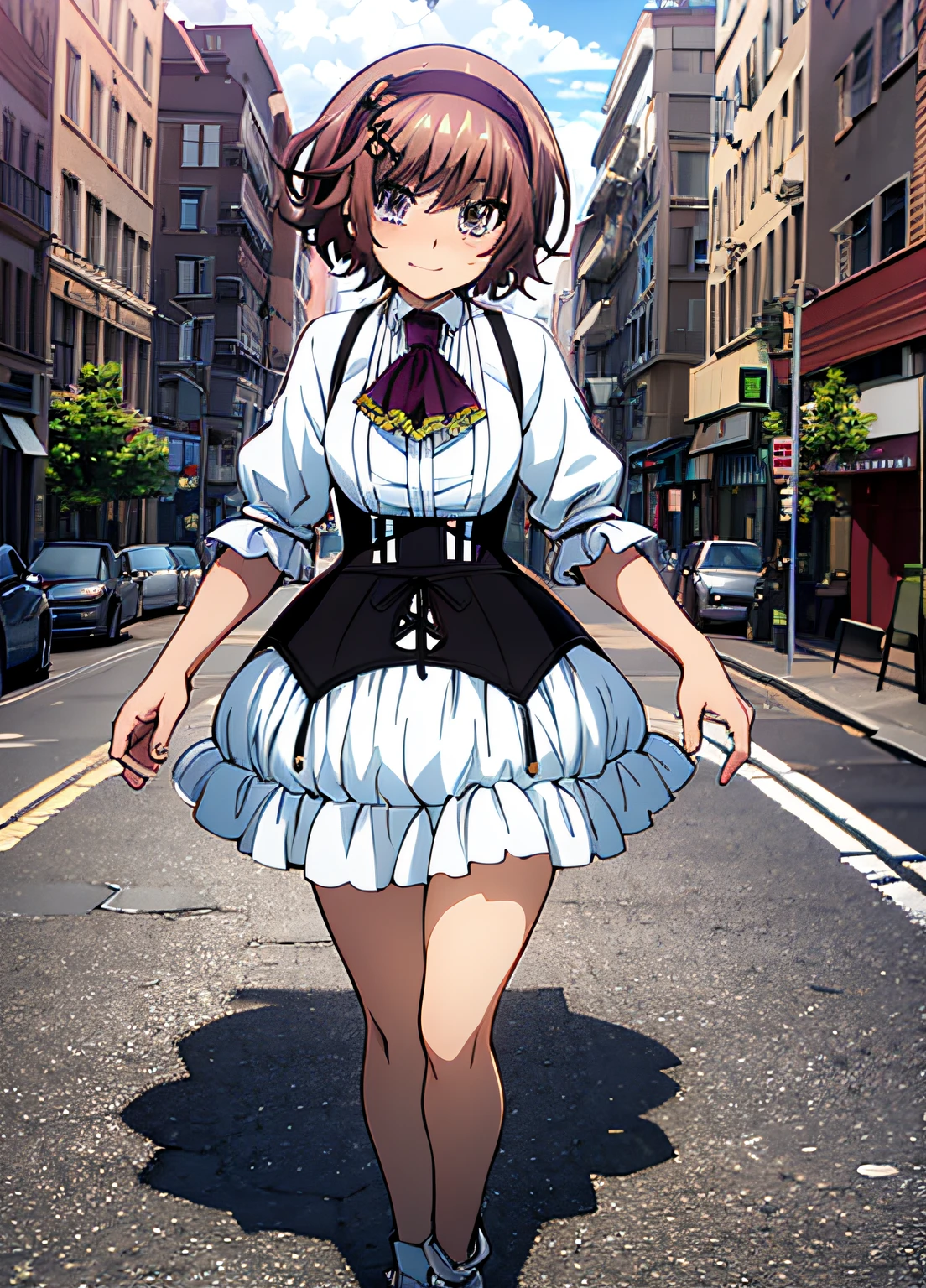 pee,Urine,Omorashi,), (Official art, extremely detailed CG Unity, Shiny skin, ), Kazuki, Elegant costumes:1, short brown hair, Purple eyes:1, hair band with pendant:1, White Dress, Short tie, Small breasts, black corset with suspenders, to stand, blush,,lift up one's skirt , (Full body:0.6), (City Background:1.2)