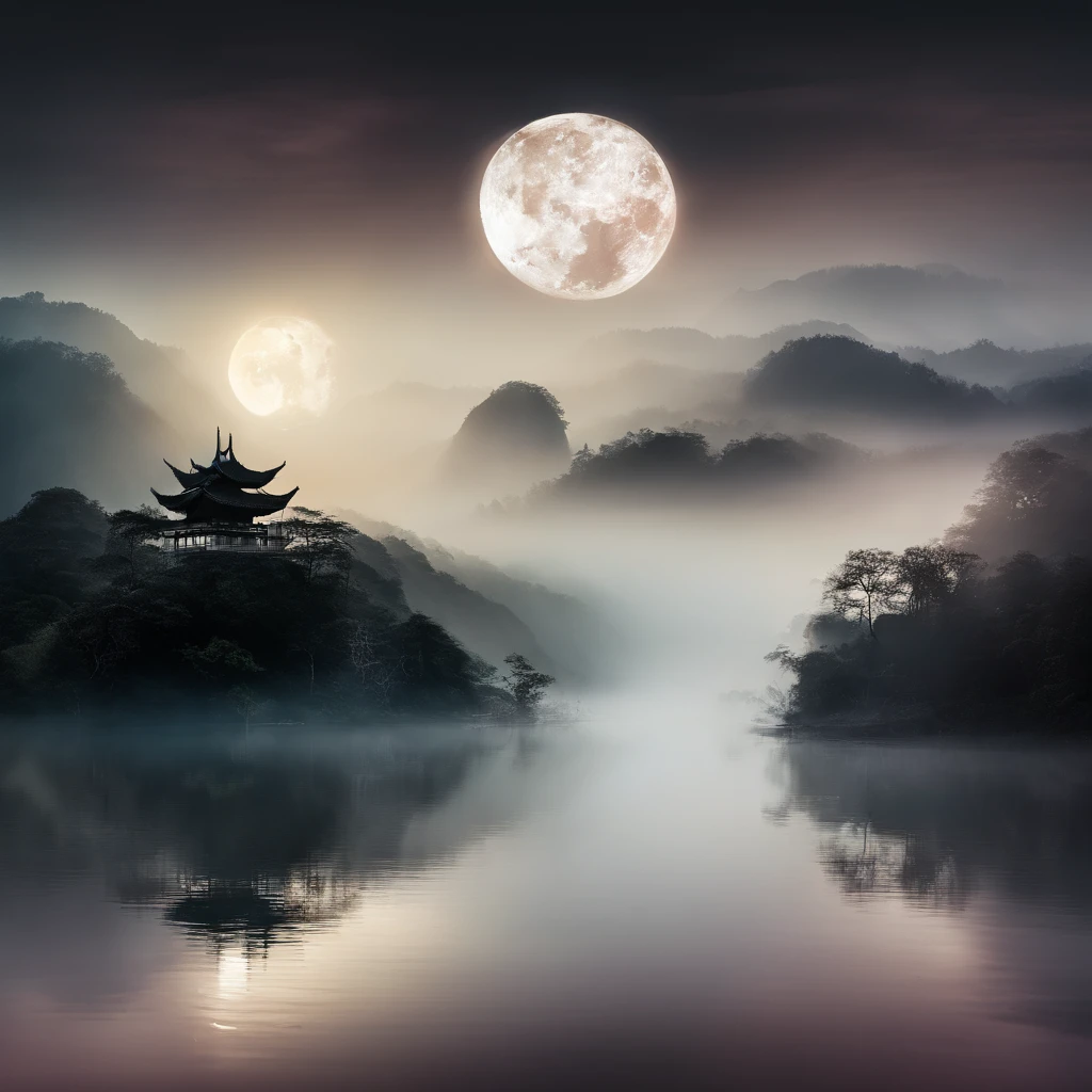 (tmasterpiece,Authentic Photos,Concise structure:1.5),the night,Li river scenery,foggy atmosphere,White Full Moon